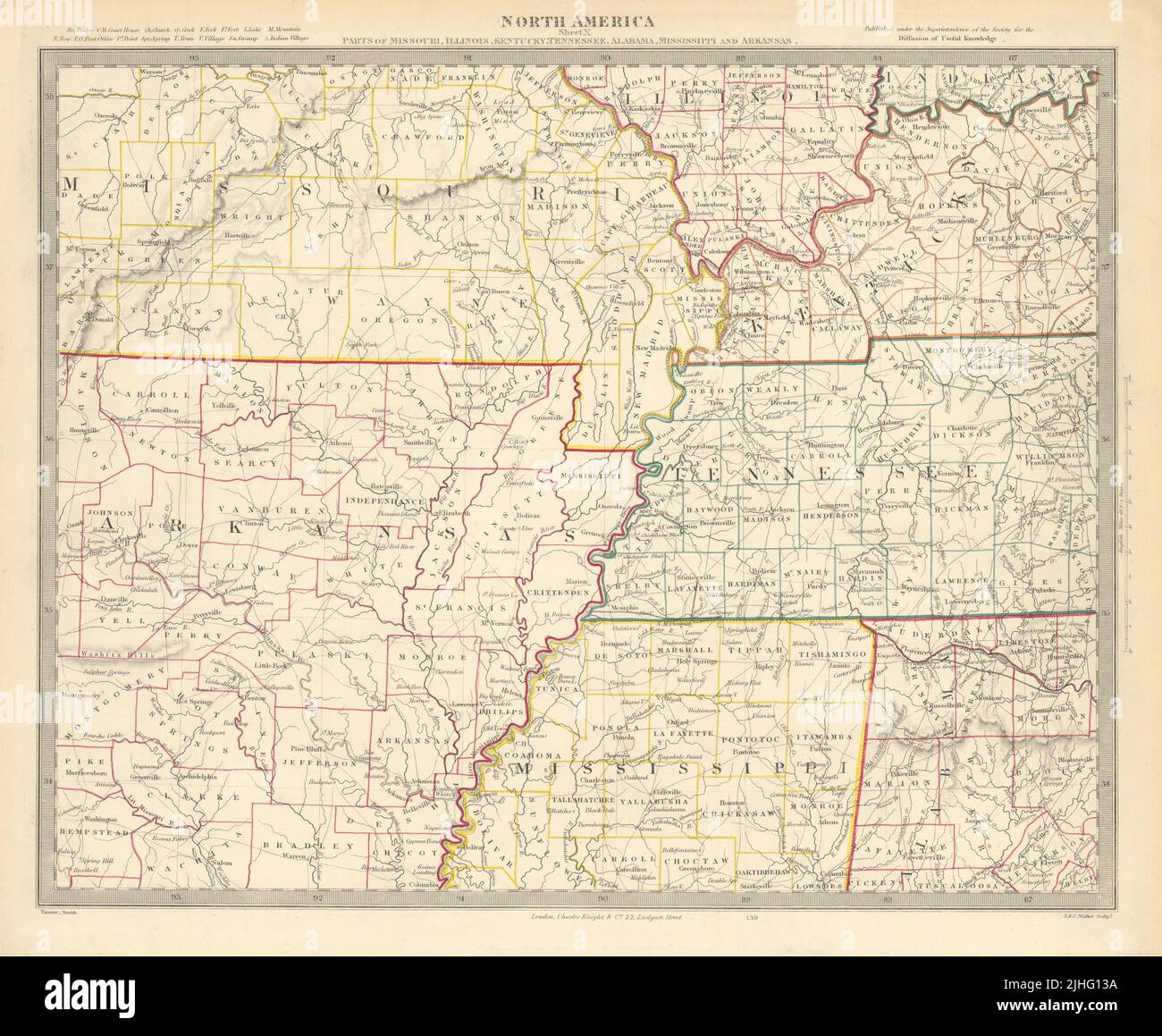 USA. Arkansas Tennessee. MO MS IL IN KY AL. Mississippi River. SDUK 1851 map Stock Photo