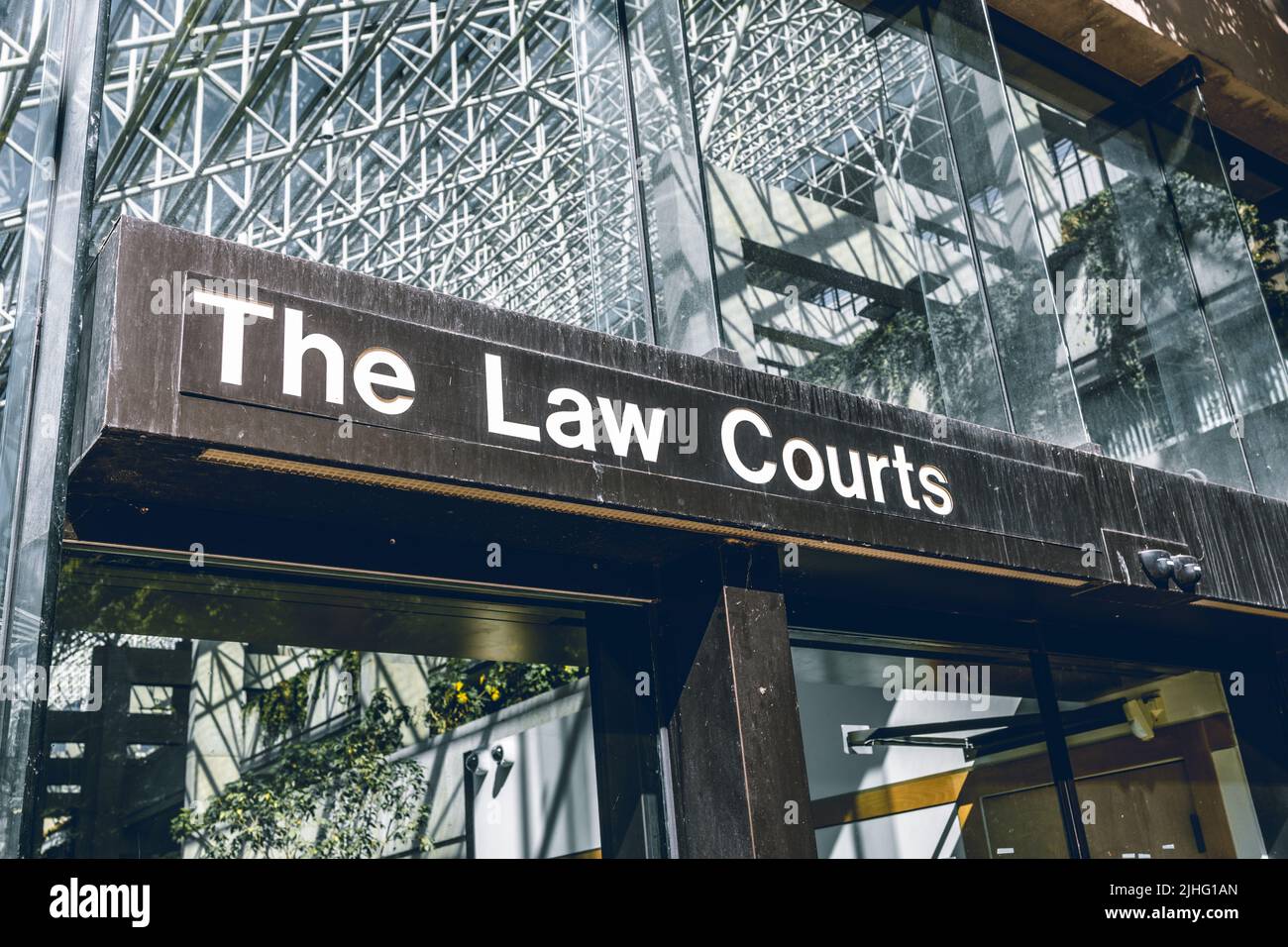 View of entrance and sign of The Law Courts in Downtown Vancouver Stock Photo