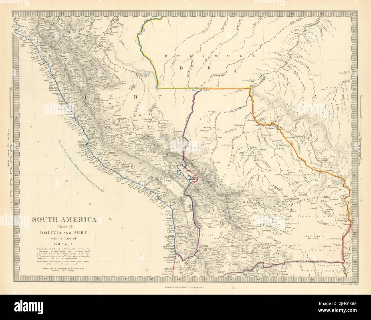 BOLIVIA & PERU with a part of Brazil. Bolivia Litoral / sea coast. SDUK 1851 map Stock Photo