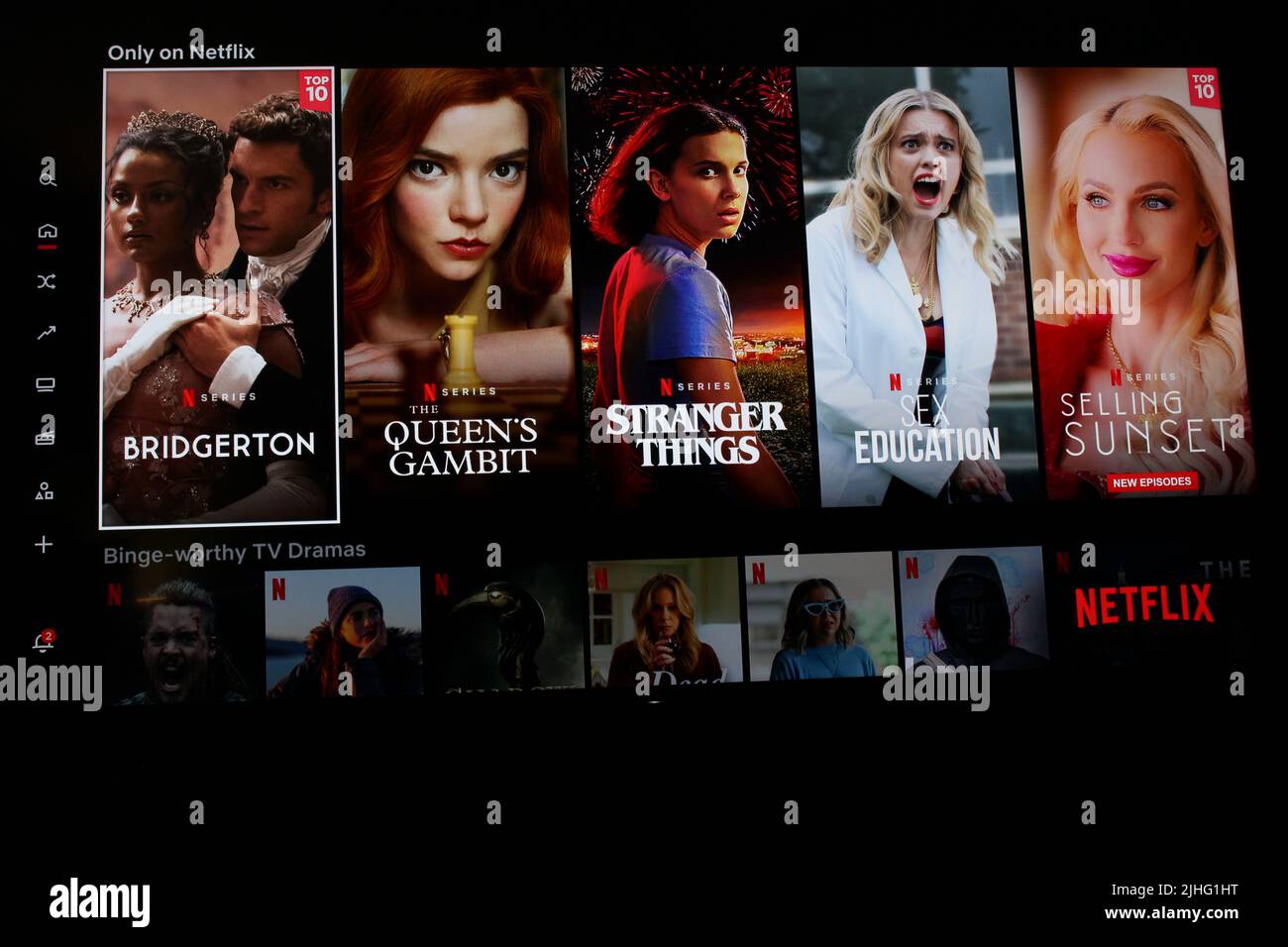 London, UK - May 1, 2022: Netflix app on tv screen showing their ...
