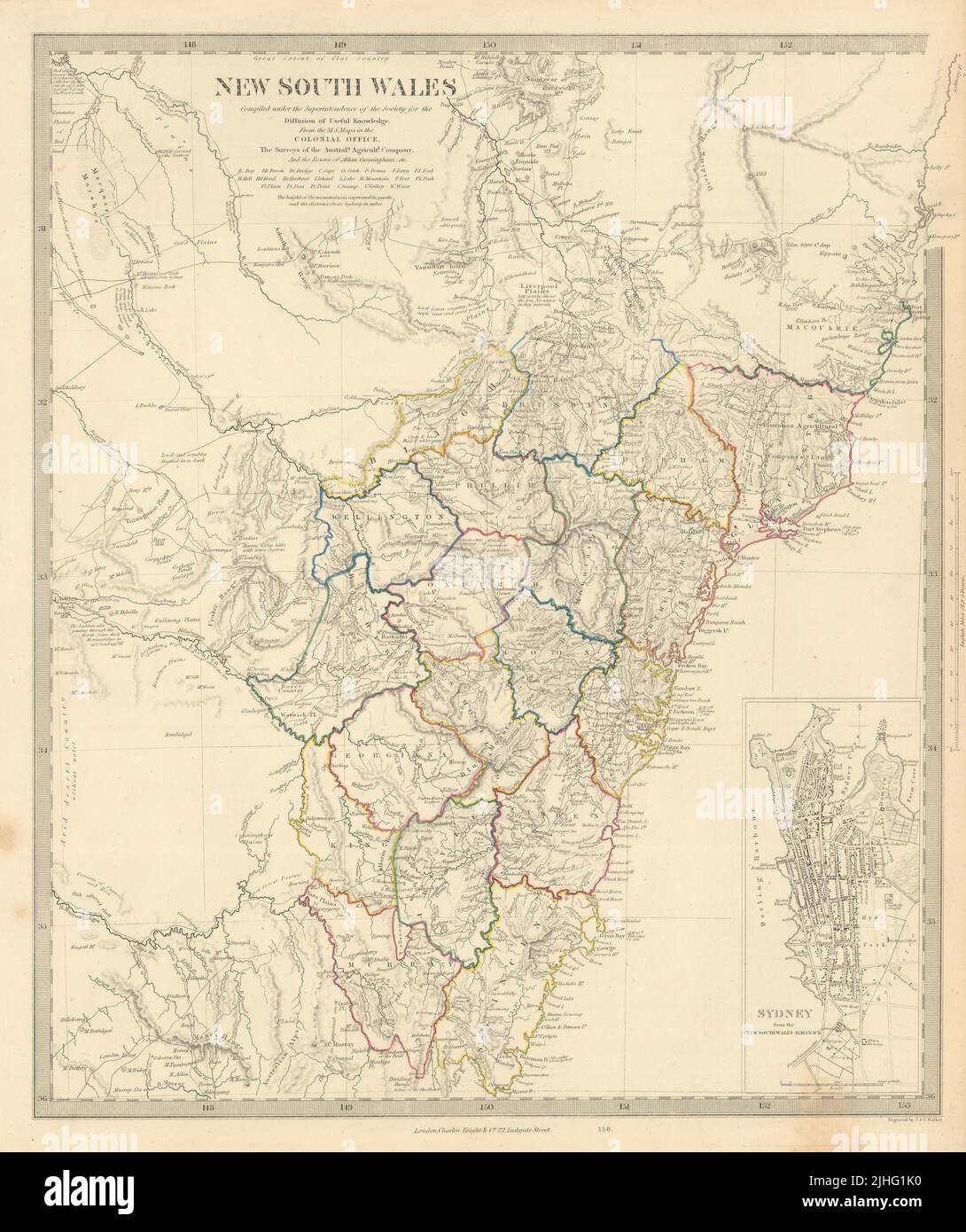 NEW SOUTH WALES based on Cunningham routes. SYDNEY city plan. SDUK 1851 map Stock Photo