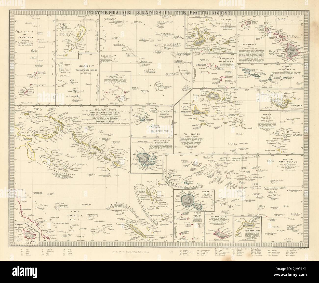 PACIFIC ISLANDS. Polynesia Hawaii Samoa Fiji Tonga Tahiti Cook. SDUK 1851 map Stock Photo