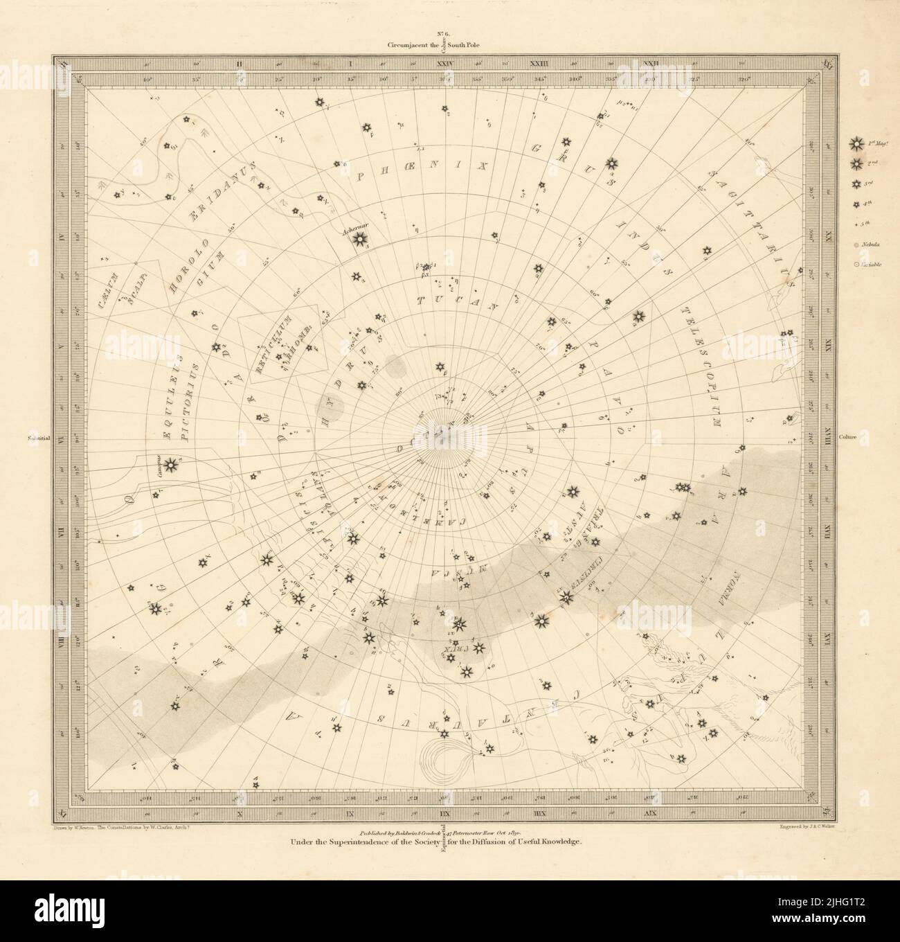 ASTRONOMY CELESTIAL. Star map. Star chart, VI. South Pole. SDUK 1830 old Stock Photo
