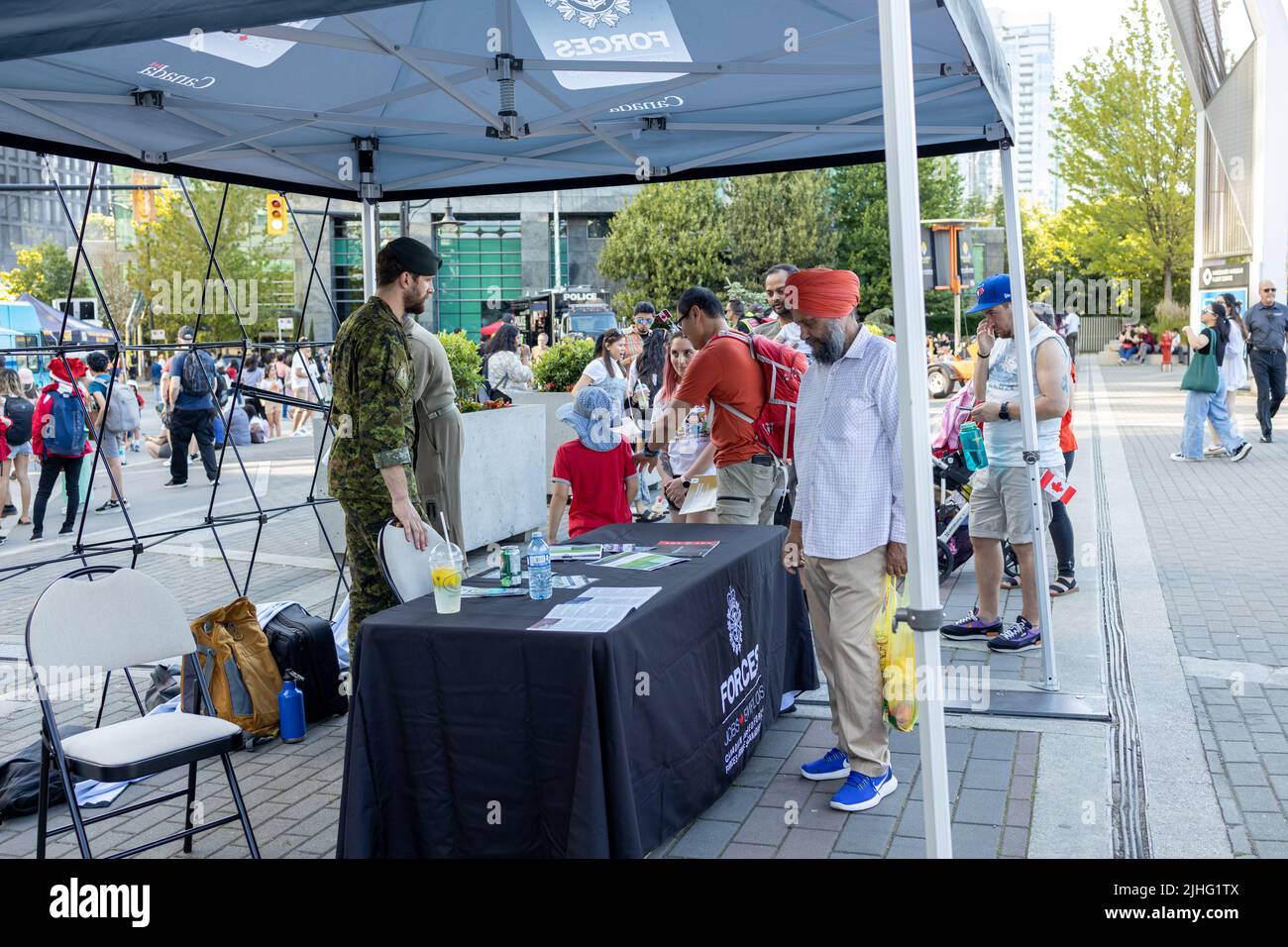 Vancouver, Canada - July 1,2022: A view of pop up Canadian Armed Forces station for recruiting new members on Canada Day in downtown Vancouver Stock Photo