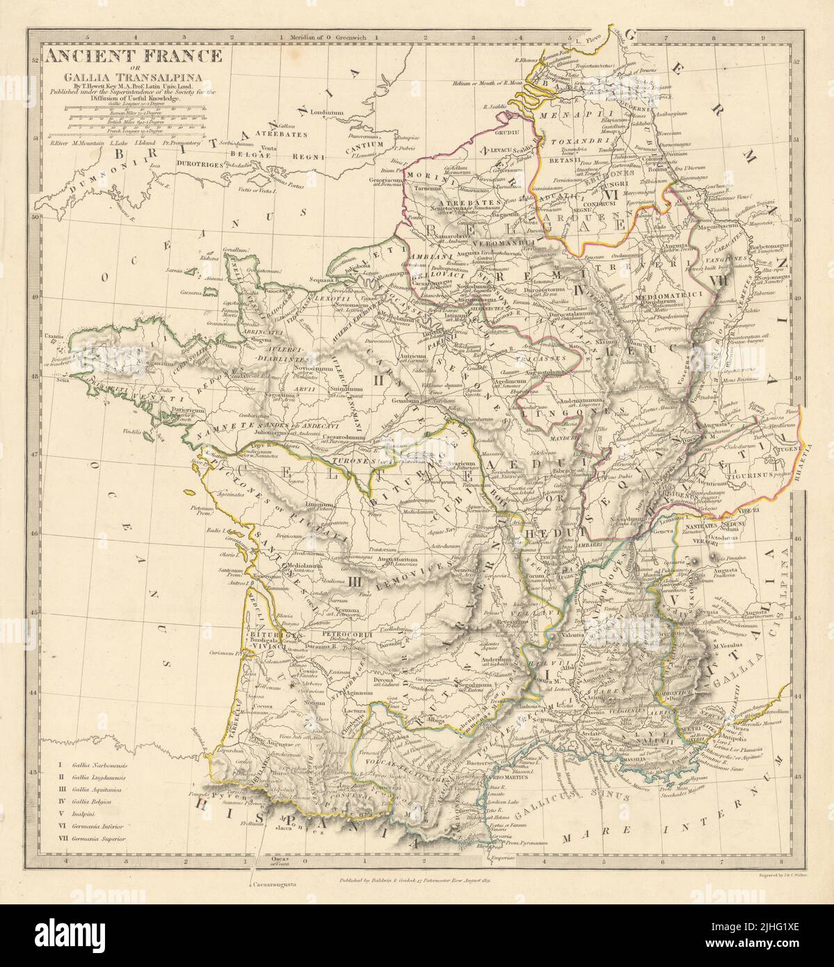 ANCIENT ROMAN FRANCE GAUL. Gallia Transalpina. Roman names roads.SDUK 1844 map Stock Photo