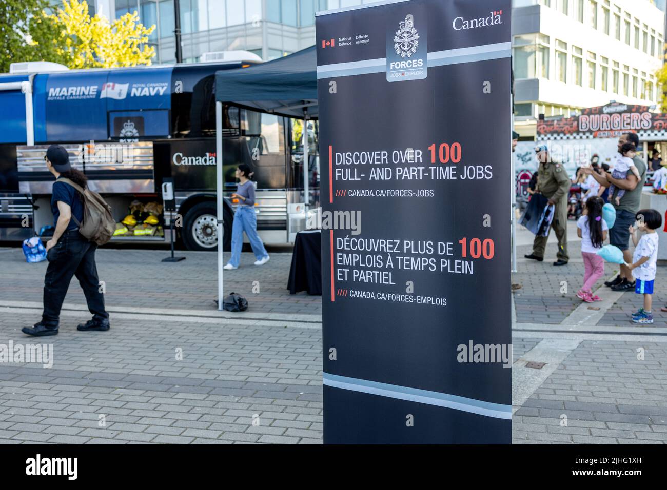 Vancouver, Canada - July 1,2022: A view of pop up Canadian Armed Forces station for recruiting new members on Canada Day in downtown Vancouver Stock Photo
