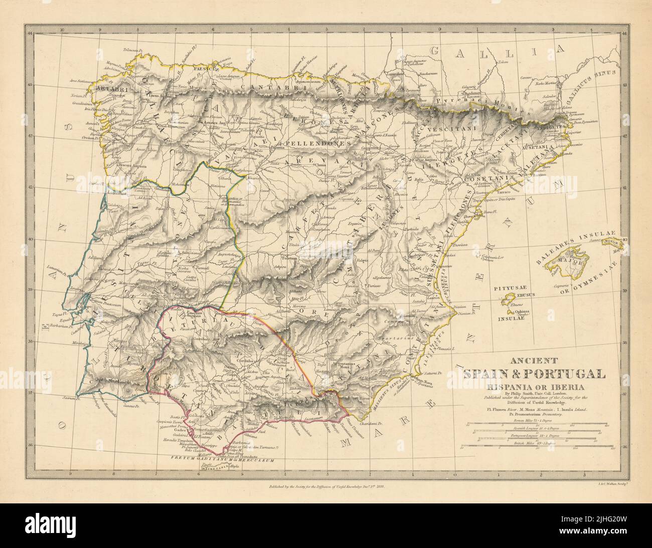 HISPANIA IBERIA. Ancient Spain & Portugal. Roman names & roads. SDUK 1848 map Stock Photo
