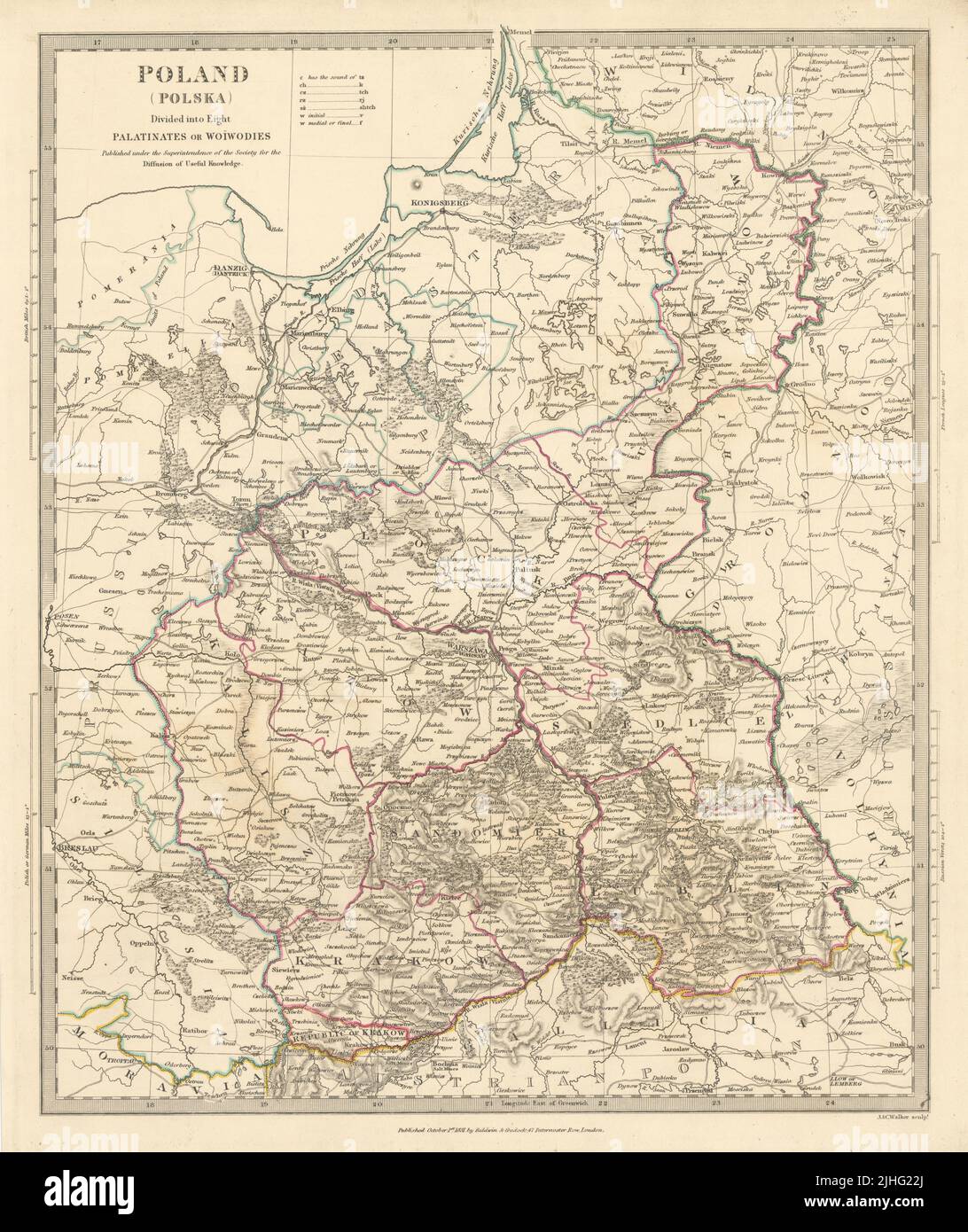 POLAND POLSKA. Palatinates Woiwodies.Mazow Krakow Plock Kalisz SDUK 1844 map Stock Photo