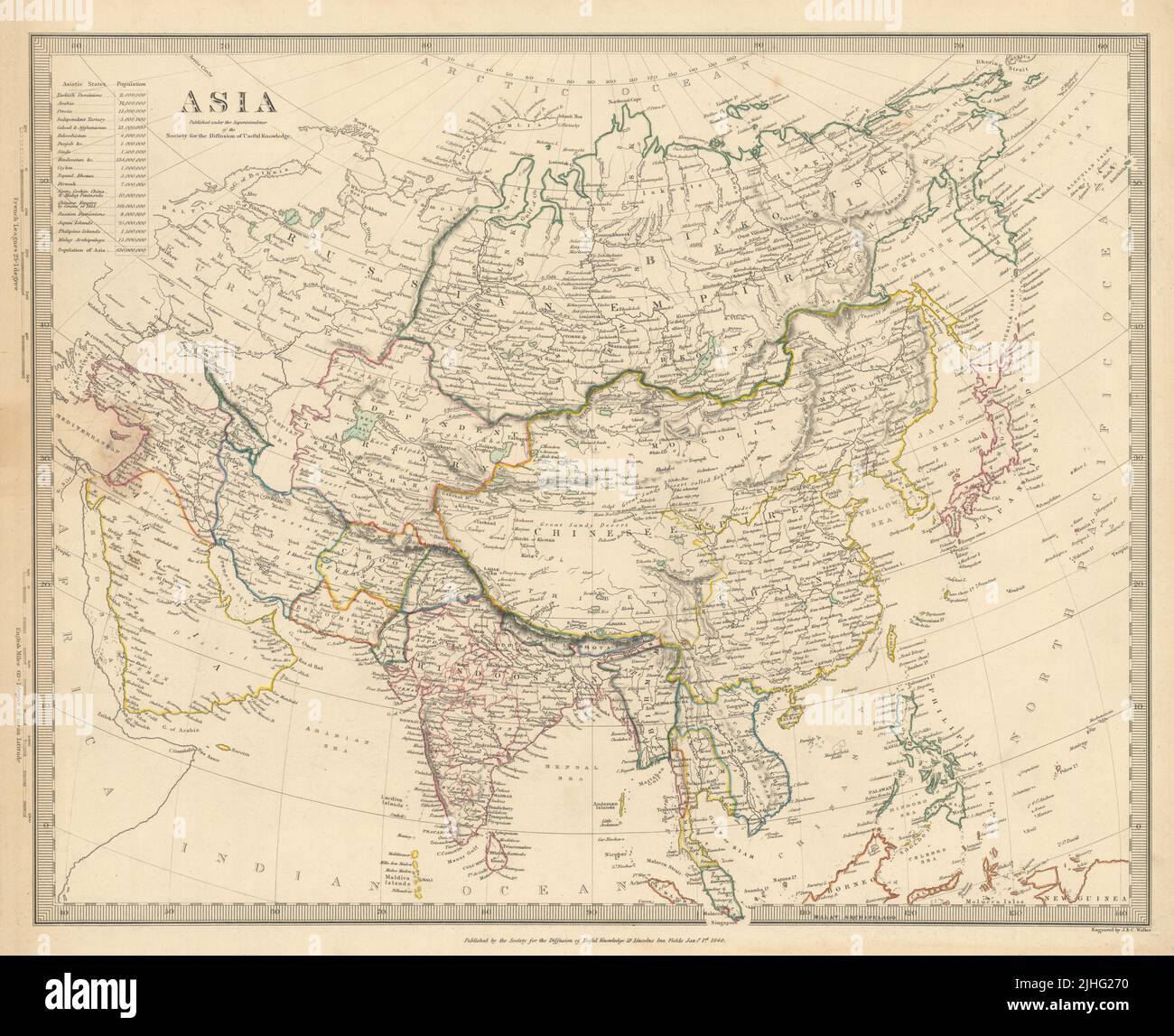 ASIA. India Arabia Persia Siam Cochinchina Tartary. Population. SDUK 1844 map Stock Photo