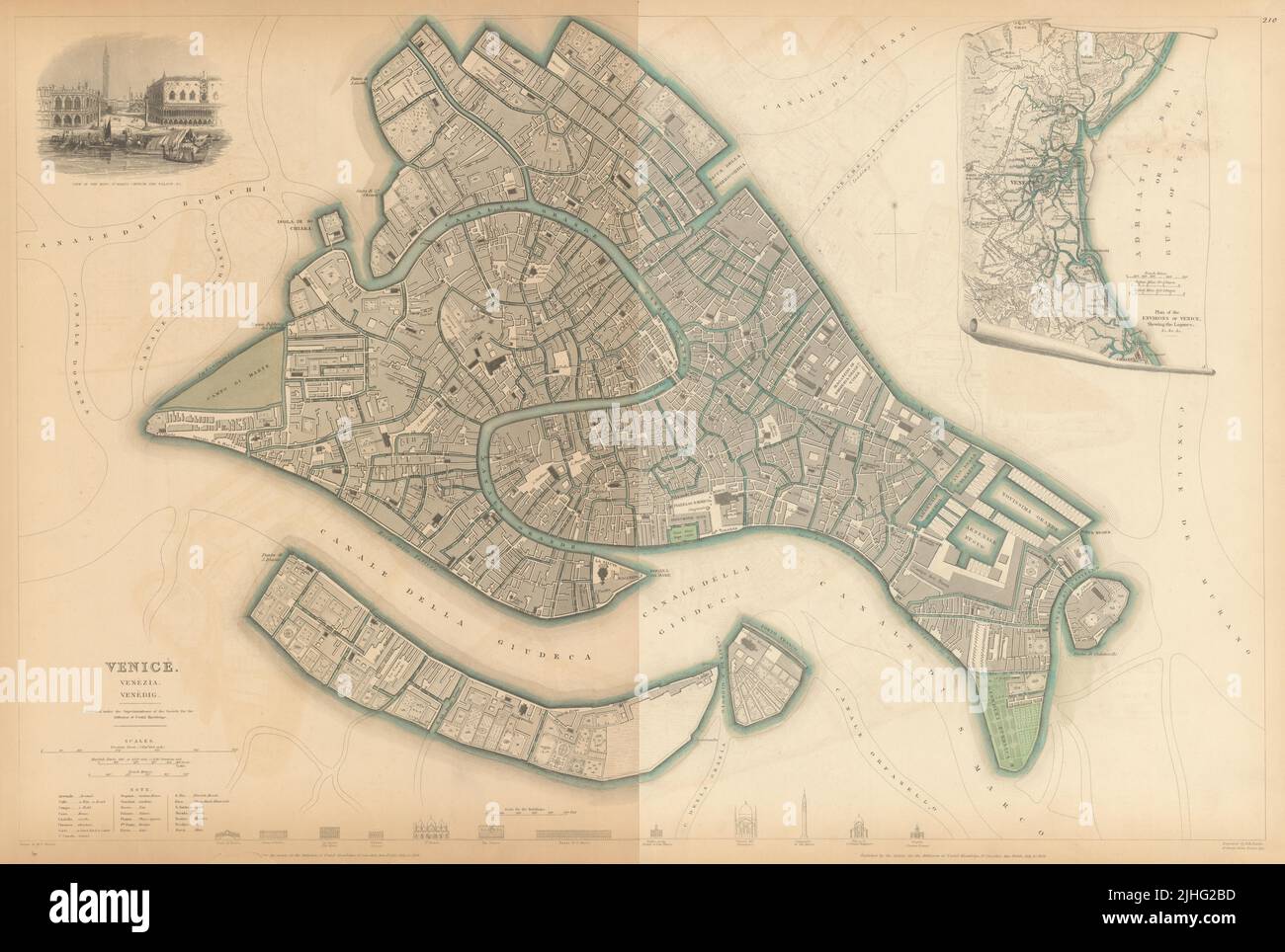 VENICE VENEZIA VENEDIG. Antique town city map plan. Environs. LARGE. SDUK 1844 Stock Photo