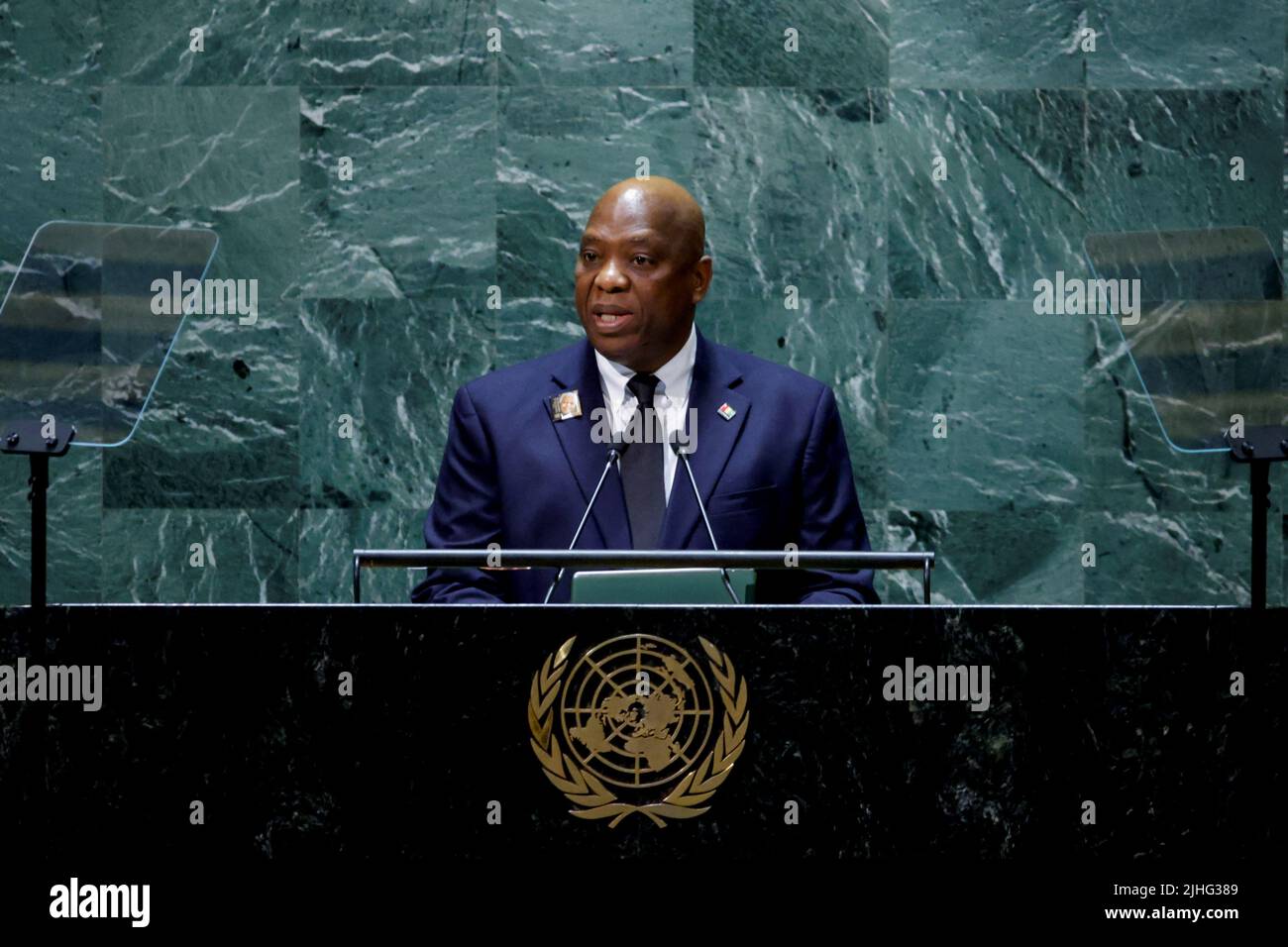 Guinean Foreign Minister Morissanda Kouyate, a recipient the 2020 UN Nelson Mandela Prize, speaks at the United Nations General Assembly celebration of Nelson Mandela International Day at the United Nations Headquarters in New York, U.S., July 18, 2022. REUTERS/Eduardo Munoz Stock Photo