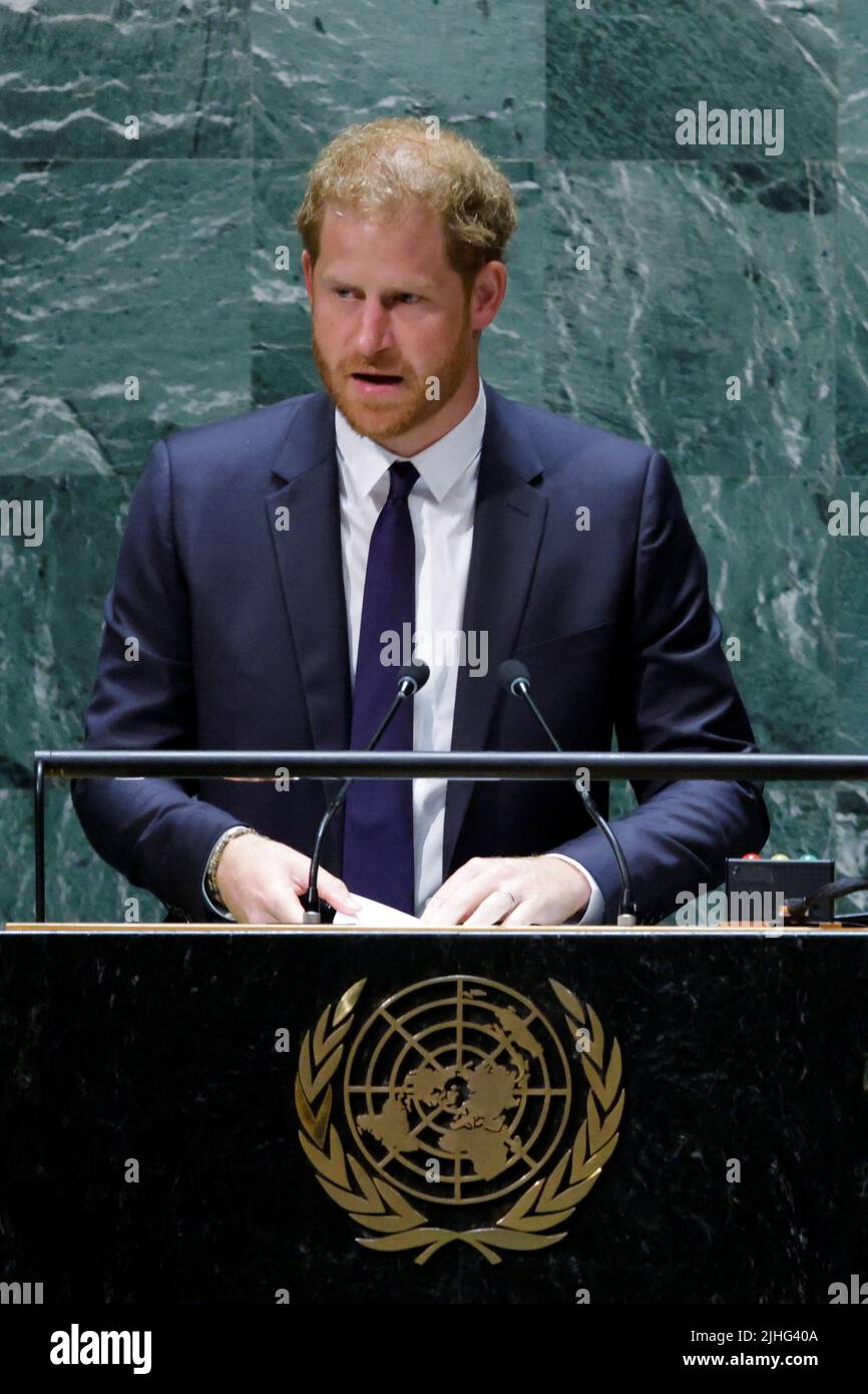 Britain's Prince Harry addresses the United Nations General Assembly at the celebration of Nelson Mandela International Day at the United Nations Headquarters in New York, U.S., July 18, 2022. REUTERS/Eduardo Munoz Stock Photo