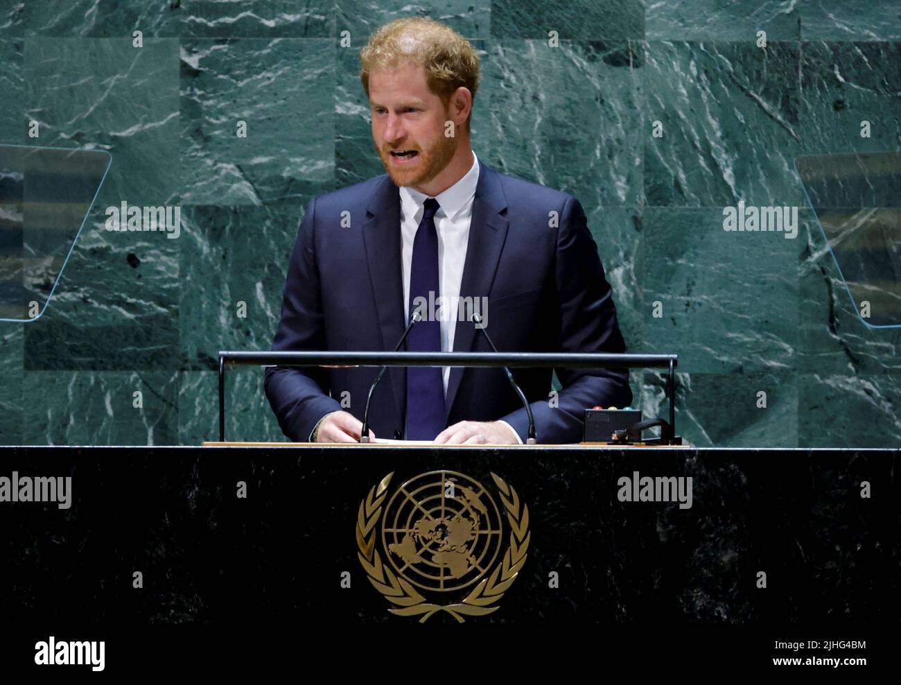 Britain's Prince Harry addresses the United Nations General Assembly at the celebration of Nelson Mandela International Day at the United Nations Headquarters in New York, U.S., July 18, 2022. REUTERS/Eduardo Munoz Stock Photo