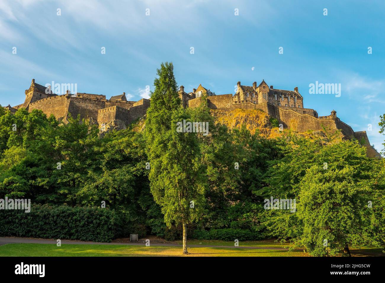 Looking up to Edinburgh Castle from Princes Street Gardens, Edinburgh, Scotland Stock Photo