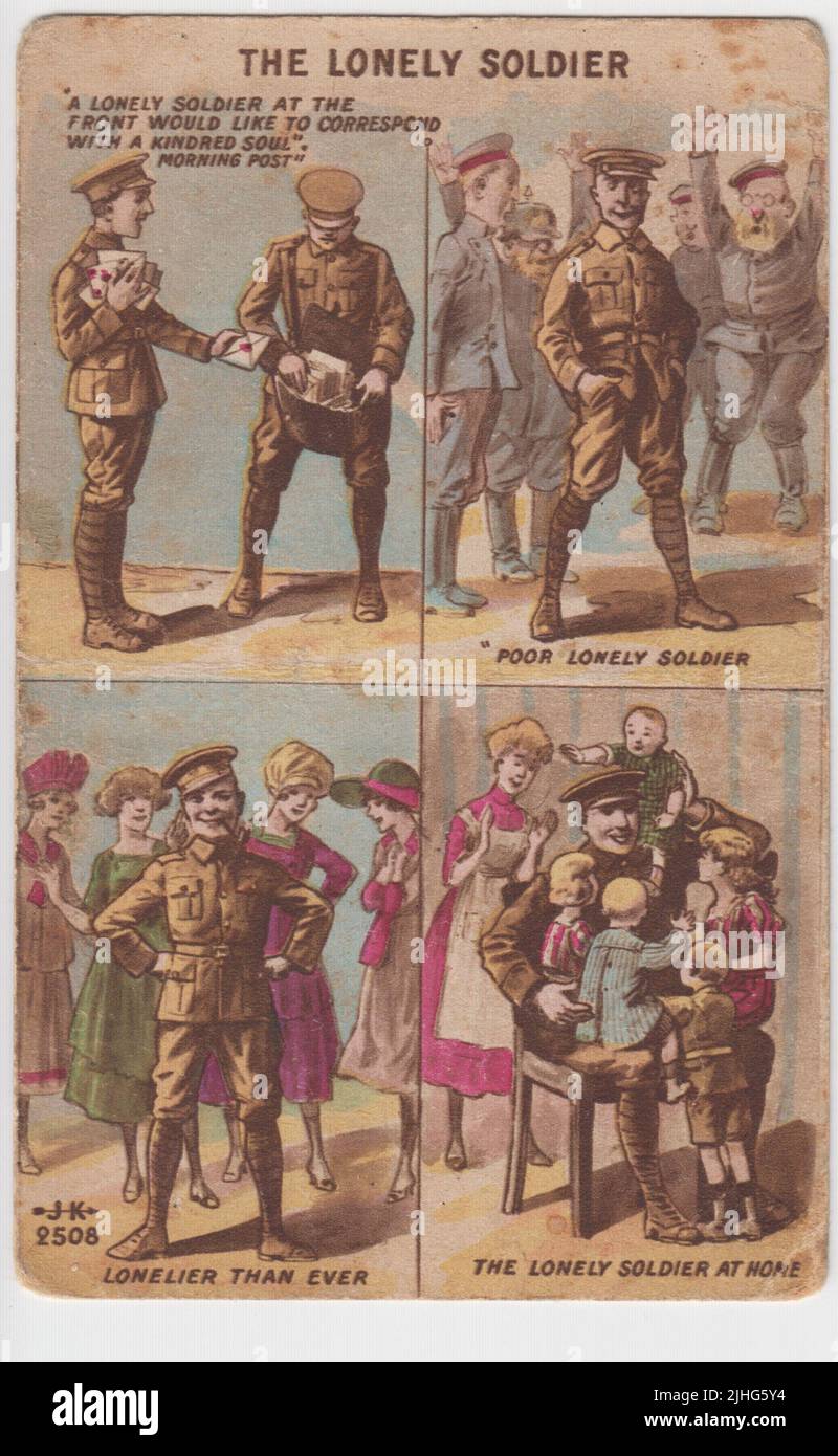 'The Lonely Soldier': Series of 4 cartoons showing the experiences of a First World War British soldier. Panel 1: ''A lonely soldier at the Front would like to correspond with a kindred soul', Morning Post' (soldier gives or received letters after placing an advert in the newspaper). Panel 2: 'Poor lonely soldier' (cheerful British soldier with surrendering German soldiers). Panel 3: 'Lonelier than ever' (soldier with hands on his hips being admired by 4 well dressed women). Panel 4: 'The lonely soldier at home' (soldier with wife & 5 children). The postcard was sent in 1918. Stock Photo