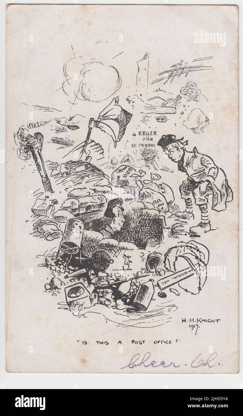 'Is this a Post Office?': cartoon by H.H. Knight, 1917, showing a Field Post Office in a Western Front trench. A confused soldier is shown peering into a shelter constructed out of sandbags, whilst the postal worker looks out. GPO mail bags are on the ground outside, together with a large amount of debris (including bottles, barbed wire and shell casings) and a mouse Stock Photo