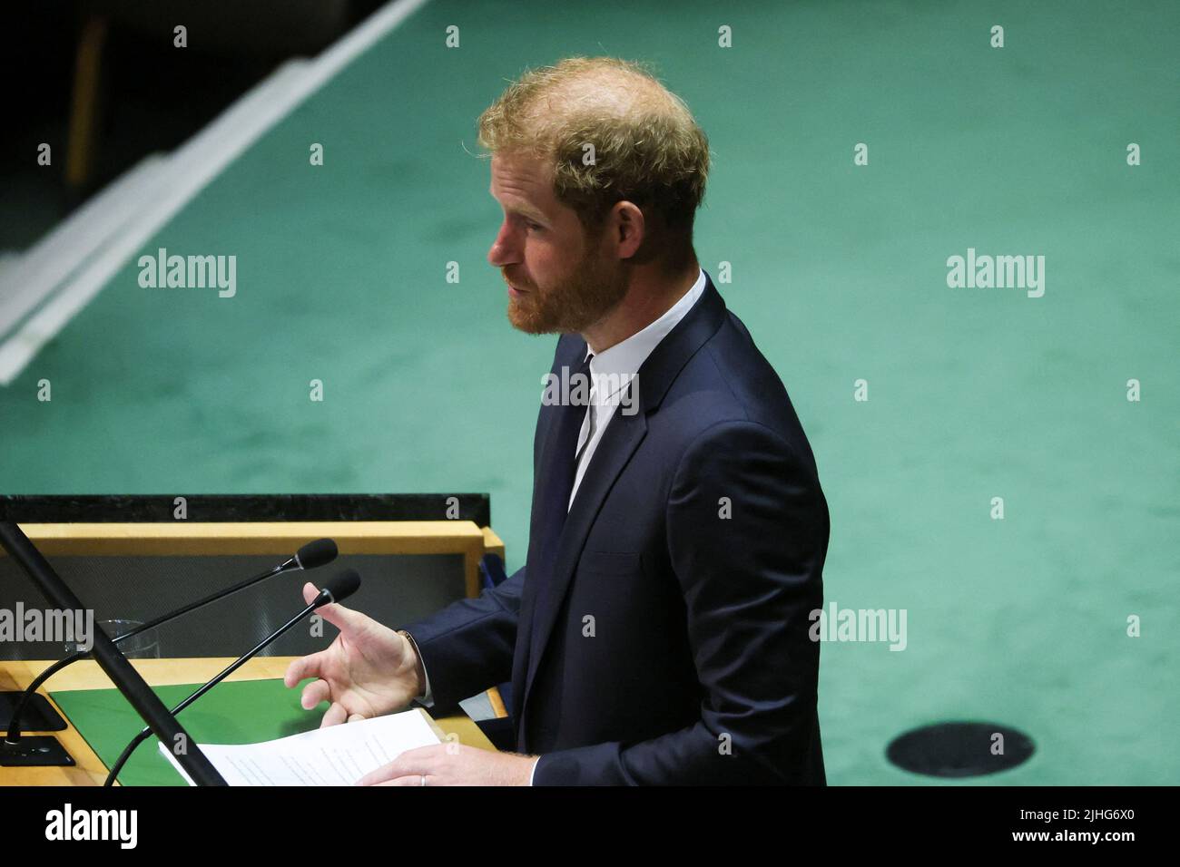 Britain's Prince Harry addresses the United Nations General Assembly to celebrate Nelson Mandela International Day at the United Nations Headquarters in New York, U.S., July 18, 2022. REUTERS/Shannon Stapleton Stock Photo