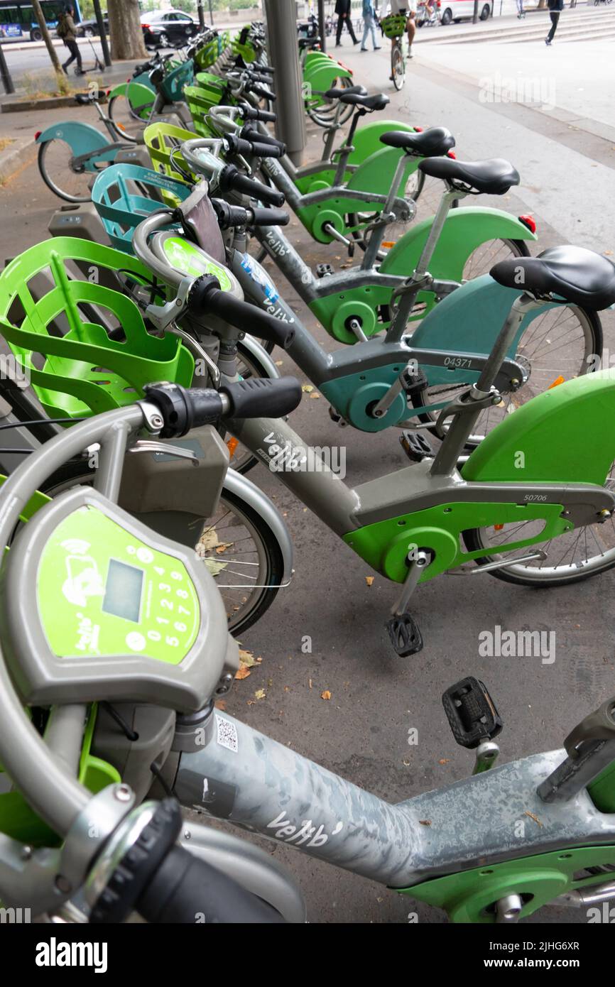 Vélib' was a large-scale public bicycle sharing system in Paris, France. Stock Photo