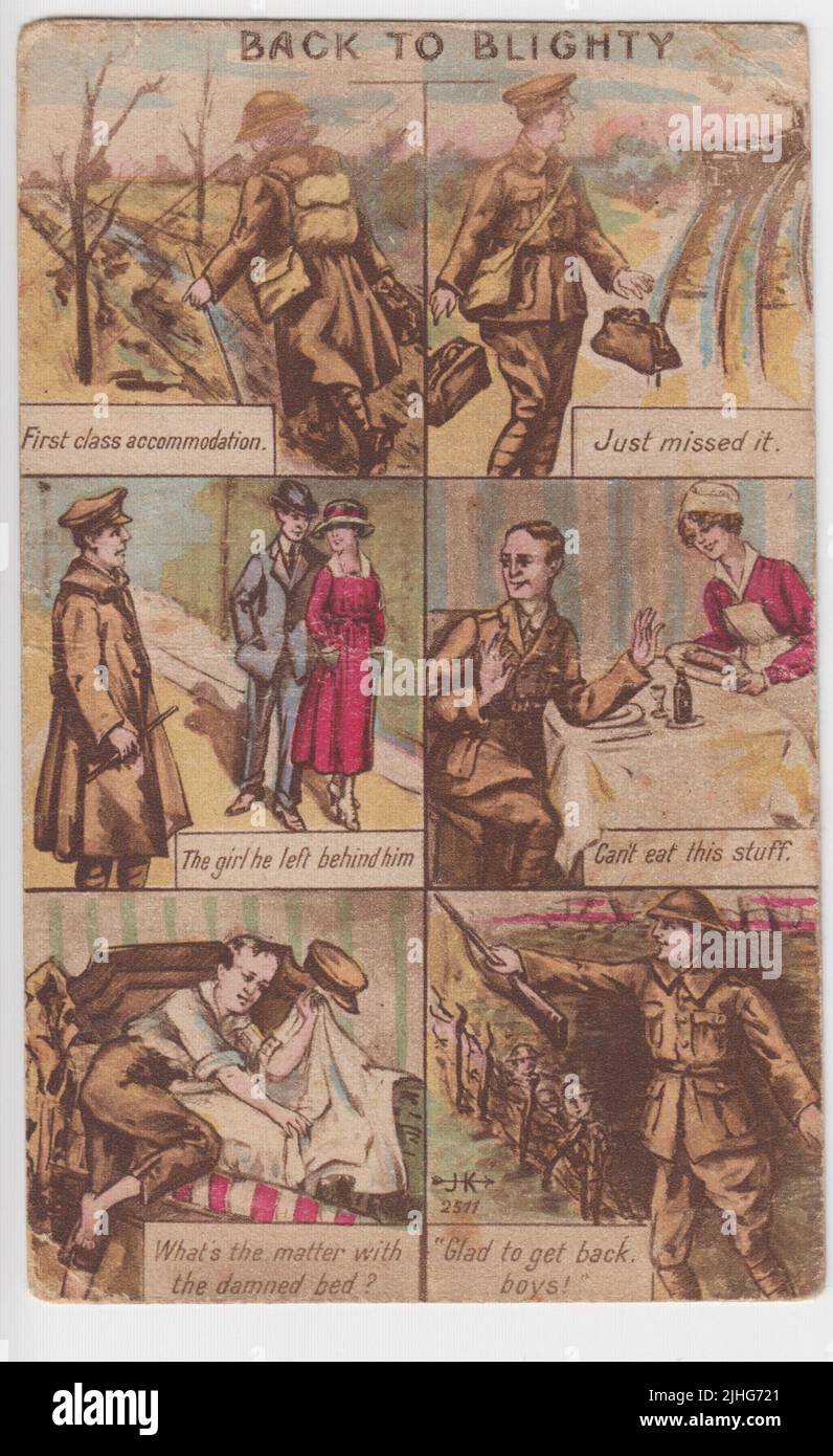 'Back to Blighty': series of 6 cartoons showing the experiences of a First World War British soldier on leave & his disconnect from civilian life when he returns home. Panel 1: 'First class accommodation' (soldier walking through shattered landscape on Western Front). Panel 2: 'Just missed it' (disappearing train). Panel 3: 'The girl he left behind' (girl with civilian lover). Panel 4: 'Can't eat this stuff' (unable to eat food). Panel 5: 'What's the matter with the damned bed?' (unable to sleep). Panel 6: 'Glad to get back, boys!' (back at the trenches). The postcard was sent in 1918 Stock Photo