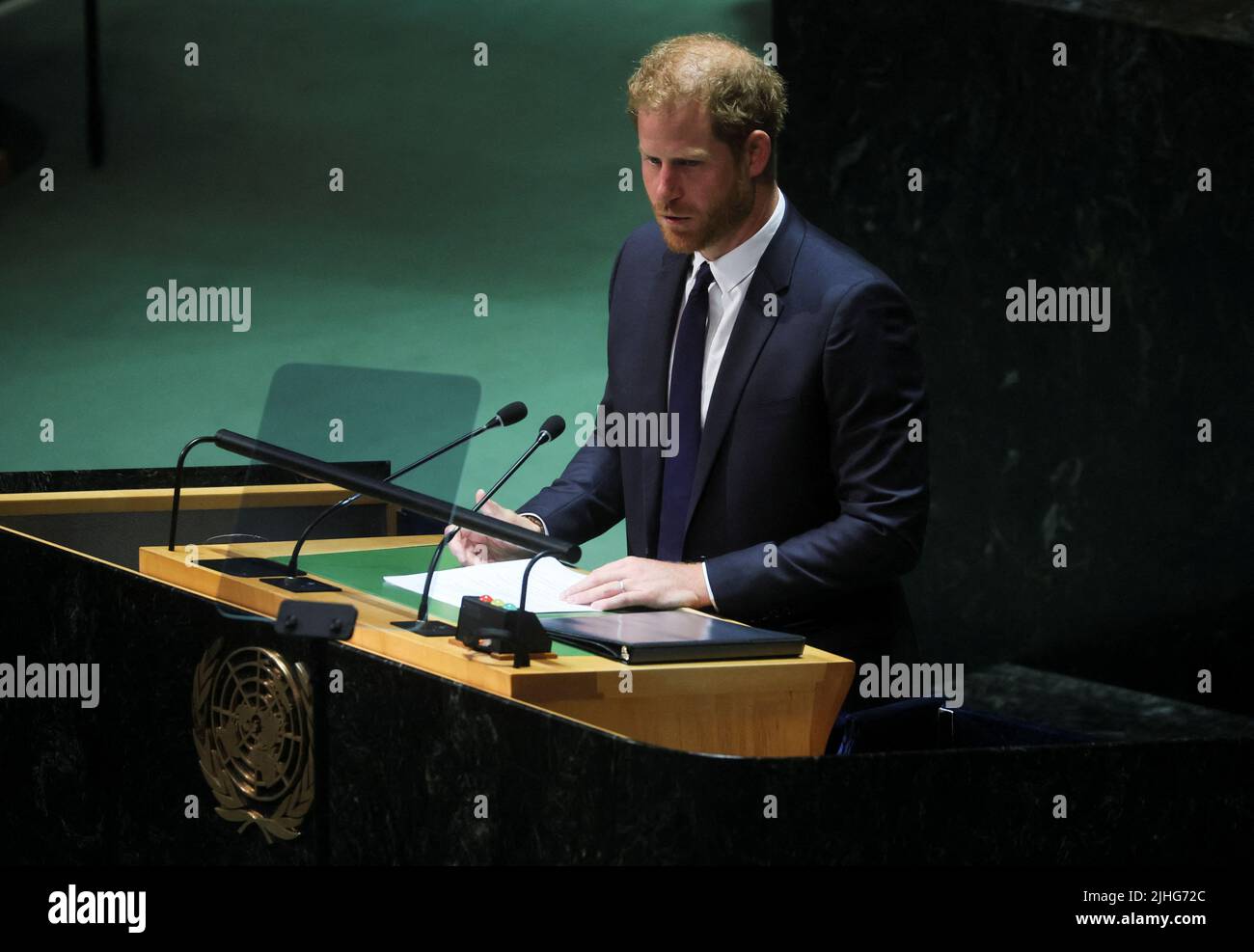 Britain's Prince Harry addresses the United Nations General Assembly to celebrate Nelson Mandela International Day at the United Nations Headquarters in New York, U.S., July 18, 2022. REUTERS/Shannon Stapleton Stock Photo