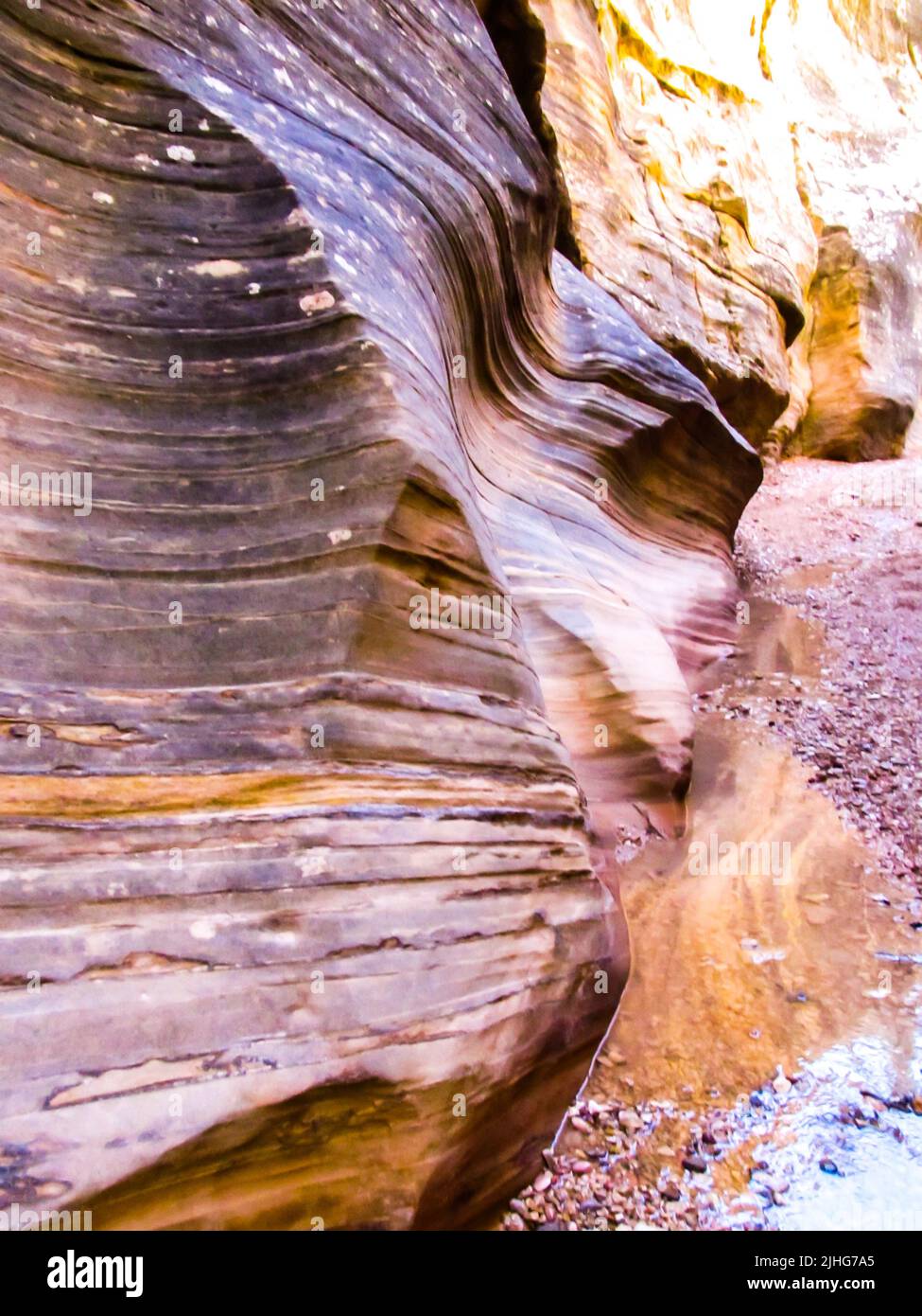 Close view of the steep crossbedding in the sandstone walls of Willes Creek Slot Canyon in Utah, USA. Stock Photo