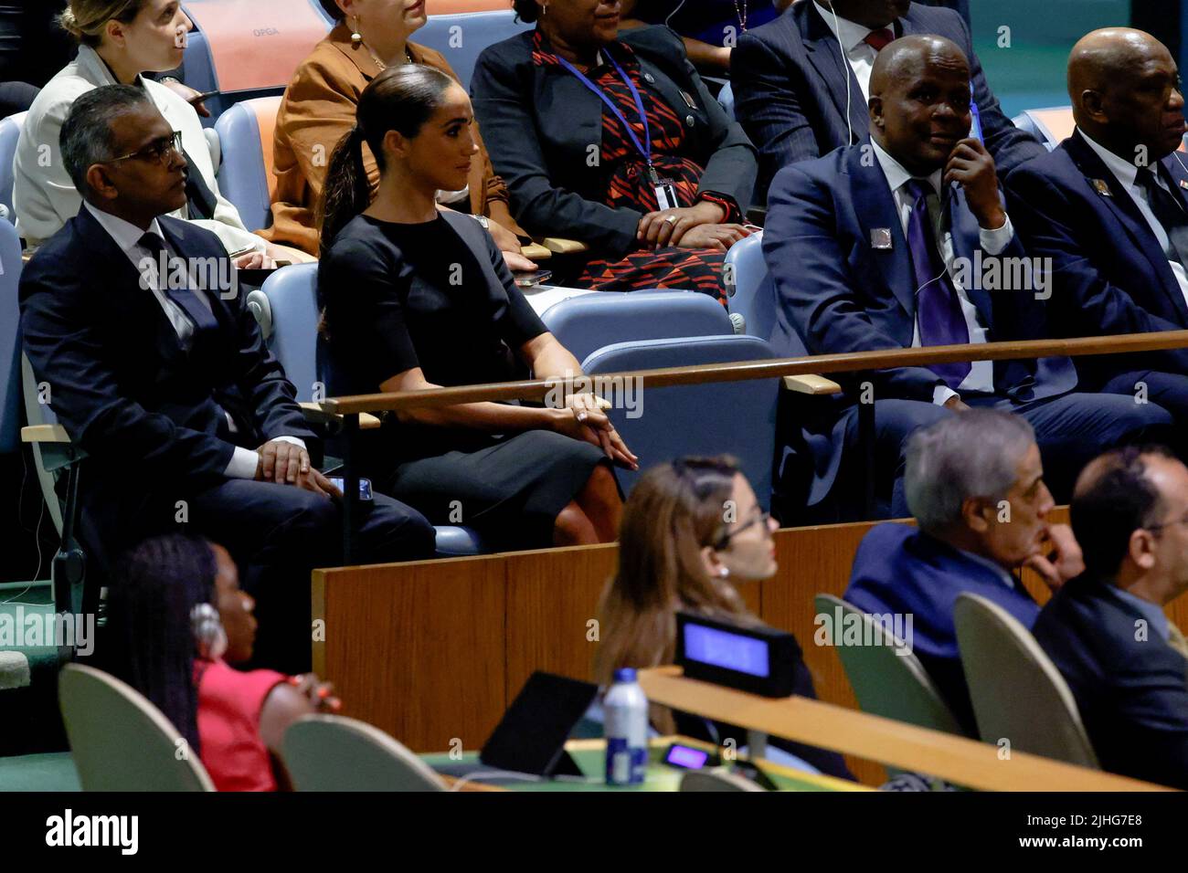 Britain's Meghan, Duchess of Sussex, attends the United Nations General Assembly celebration of Nelson Mandela International Day, while her husband, Britain's Prince Harry delivers an address, at the United Nations Headquarters in New York, U.S., July 18, 2022. REUTERS/Eduardo Munoz Stock Photo