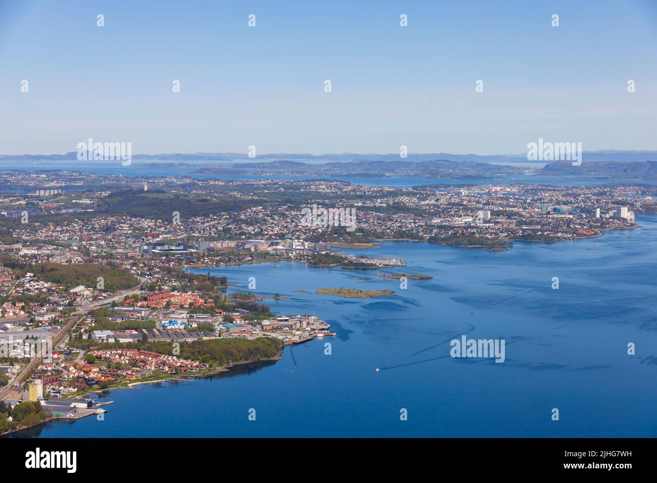 Helicopter flight towards Stavanger over the water. Stavanger, Norway Stock Photo