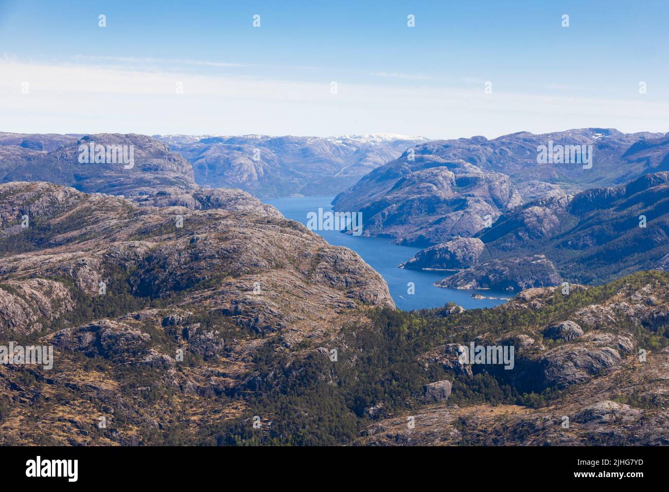 View along Lysefjord from a helicopter. Stavanger, Norway Stock Photo