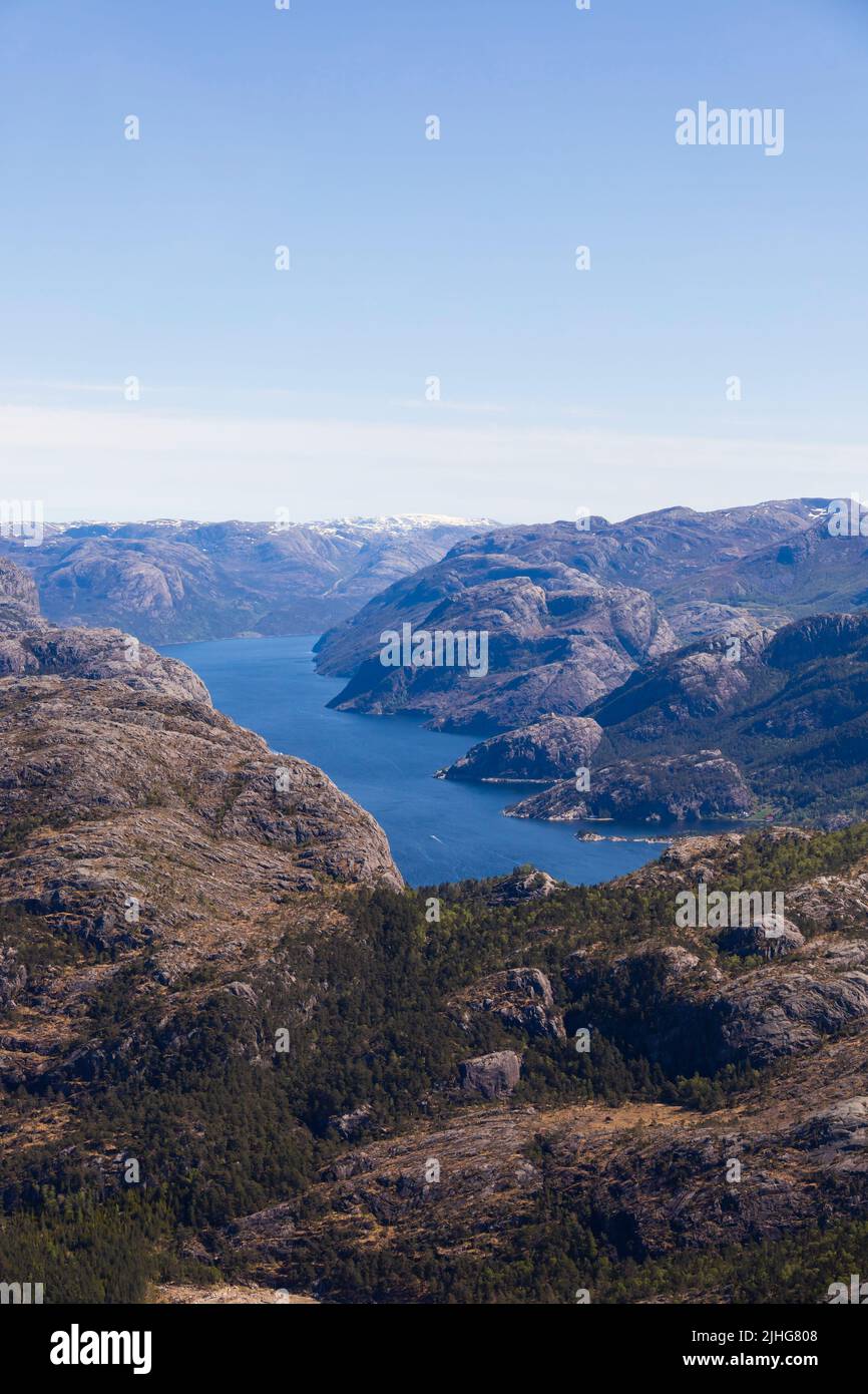 View along Lysefjord from a helicopter. Stavanger, Norway Stock Photo