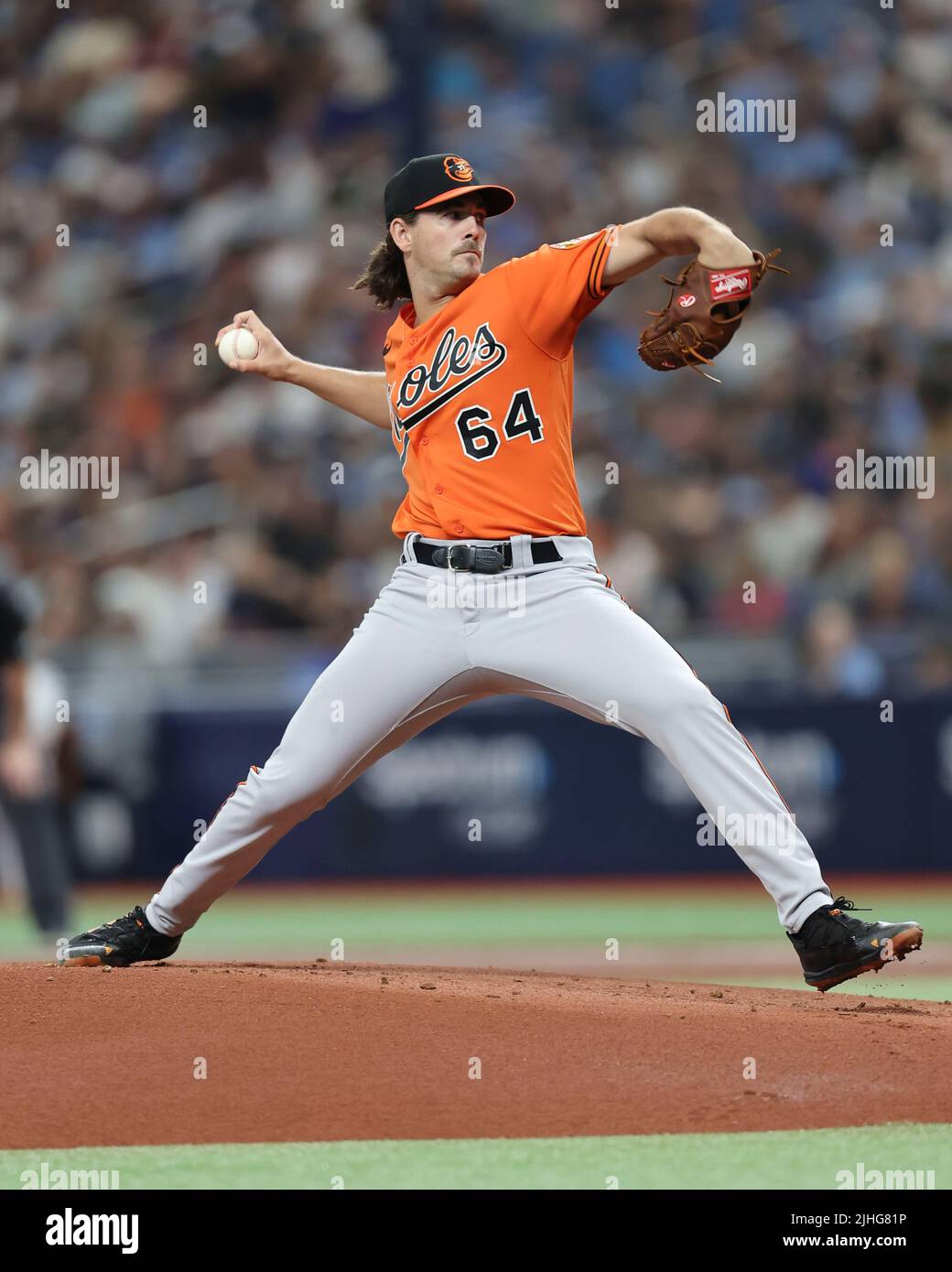 St. Petersburg, United States. 16th July, 2022. St. Petersburg, FL. USA;  Baltimore Orioles starting pitcher Dean Kremer (64) delivers a pitch during  a major league baseball game against the Tampa Bay Rays