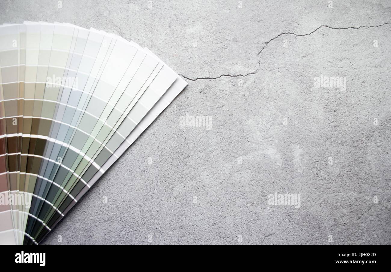 Paint samples colors swatch for interior design. Gray concrete cracked background, earth tone colors. Stock Photo