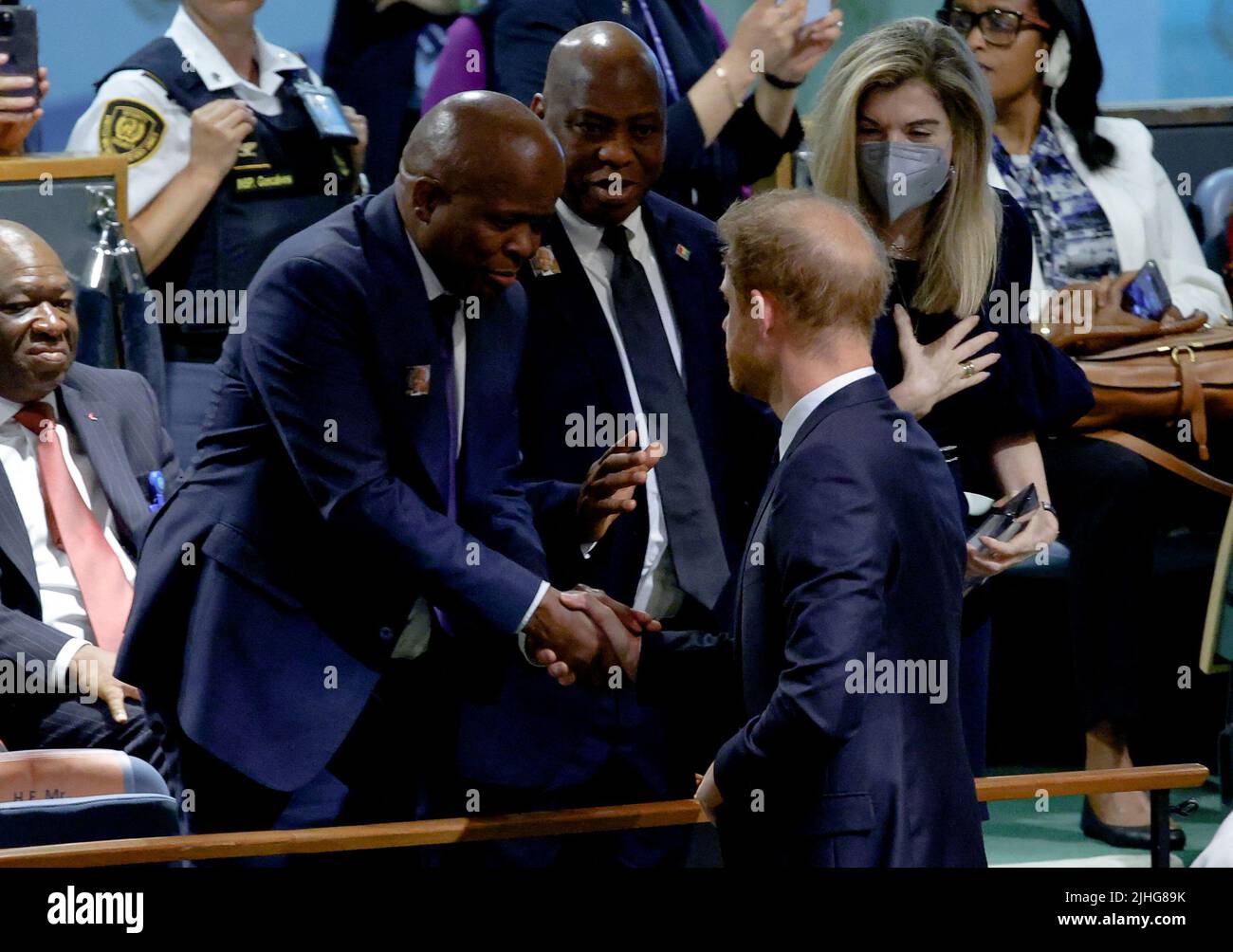 Britain's Prince Harry shakes hands with South African Minister in the Presidency Mondli Gungubele next to 2020 UN Nelson Mandela Prize recipients Guinean Foreign Minister Morissanda Kouyate and Marianna Vardinogiannis, after addressing the United Nations General Assembly at the celebration of Nelson Mandela International Day at the United Nations Headquarters in New York, U.S., July 18, 2022. REUTERS/Eduardo Munoz Stock Photo