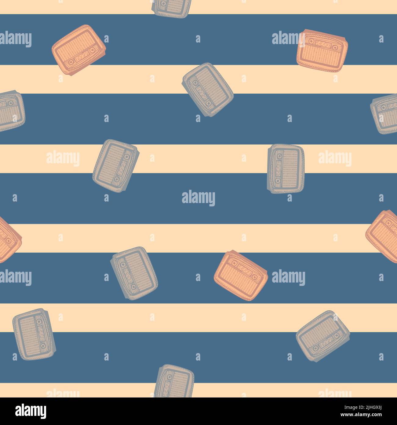 Retro radio engraved seamless pattern. Vintage media equipment in hand