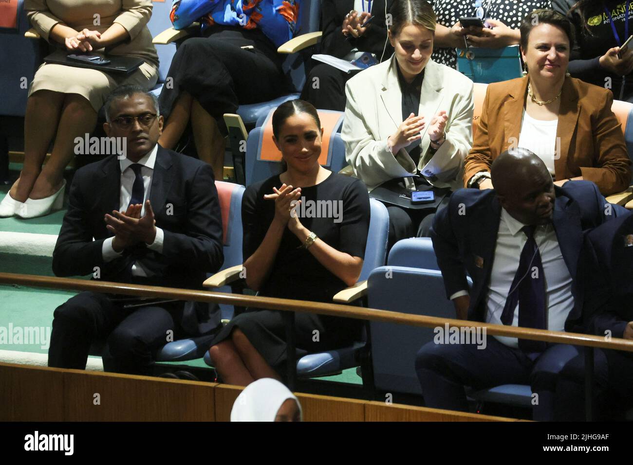 Britain's Meghan, Duchess of Sussex applauds during a celebration of Nelson Mandela International Day at the United Nations Headquarters in New York, U.S., July 18, 2022. REUTERS/Shannon Stapleton Stock Photo