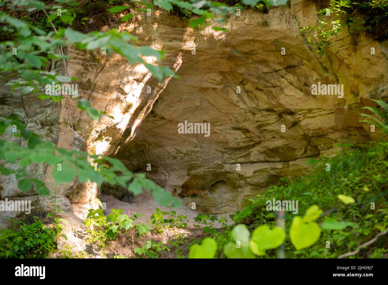Sand rock cave in a green forest where warm summer sunlight shines inside. Stock Photo