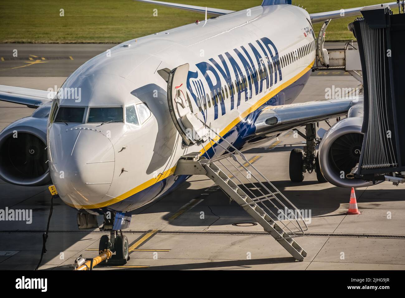 Wroclaw, Poland - August 2020 : Ryanair plane waiting for passengers at Wroclaw airport Stock Photo