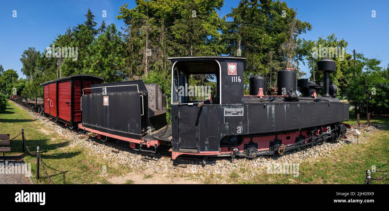 Wenecja, Poland - August 2020 : Panoramic wide angle view of the old locomotive in narrow gauge train museum Stock Photo