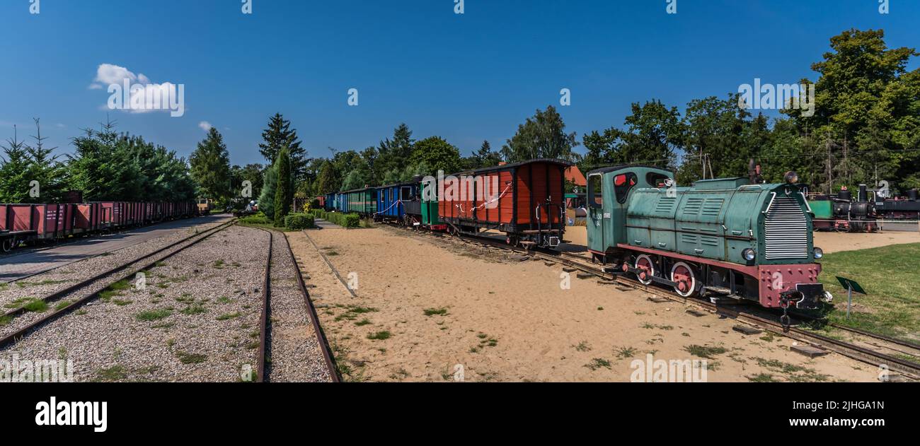 Wenecja, Poland - July 2020 : Two old disused narrow gauge train locomotives in the museum Stock Photo