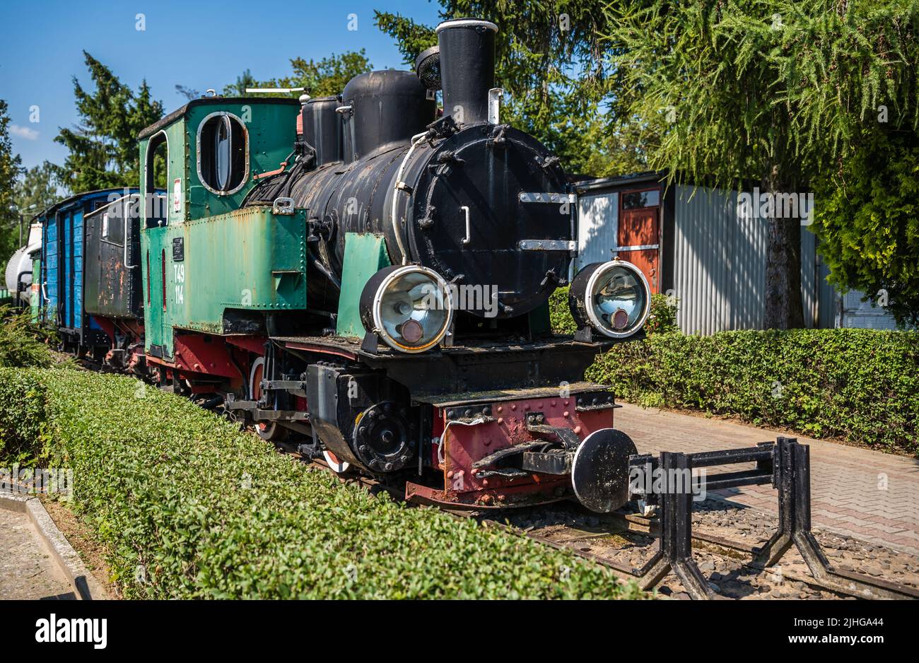 The old disused narrow gauge train locomotive in the museum in Wenecja in Poland Stock Photo