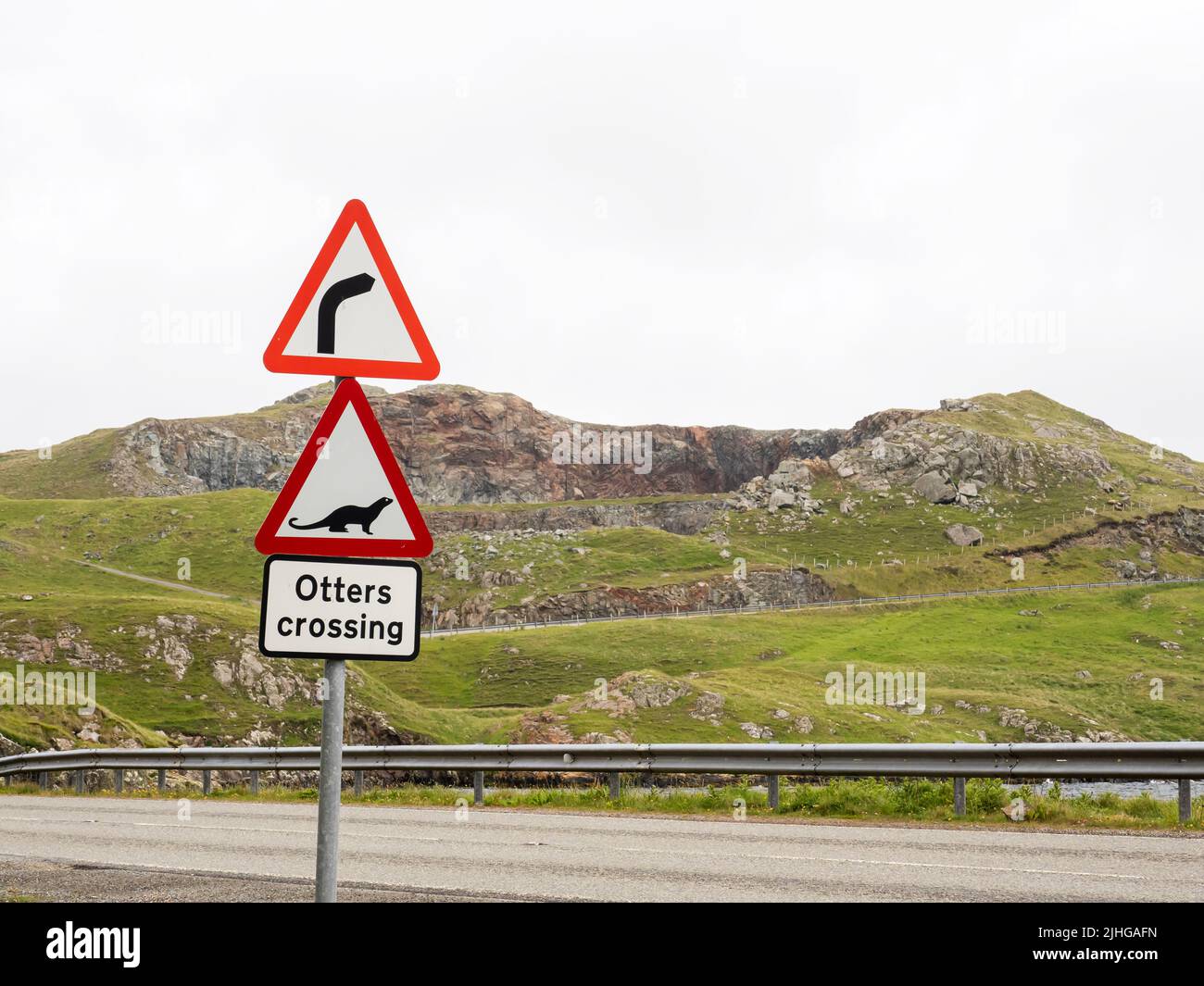 A roadsign warning of Otters at Mavis Grind on Mainland shetland, Scotland, UK. Stock Photo