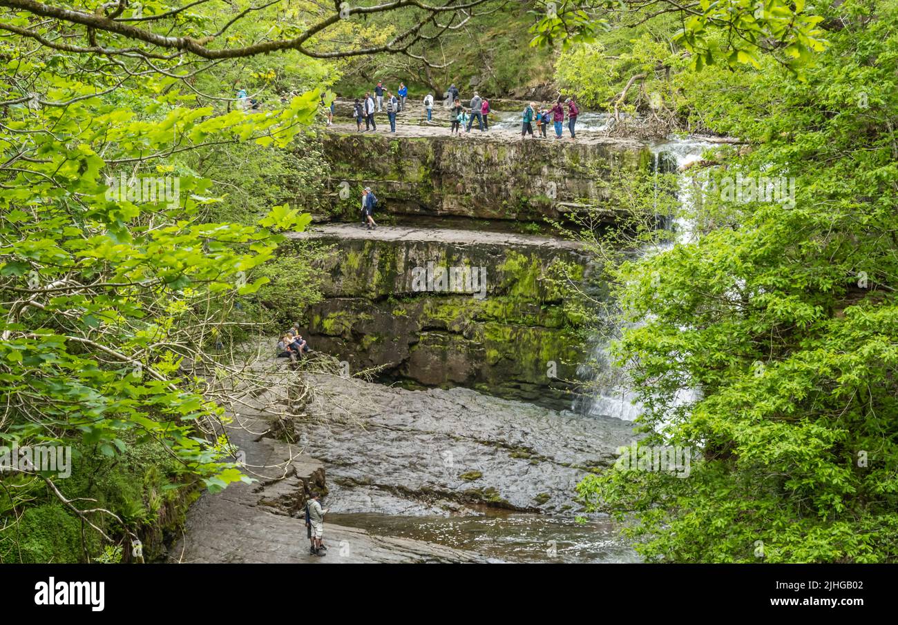Ystradfellte Neath, Wales - May 2021 : People and tourists admiring rapid water of a  tall waterfall, UK Stock Photo