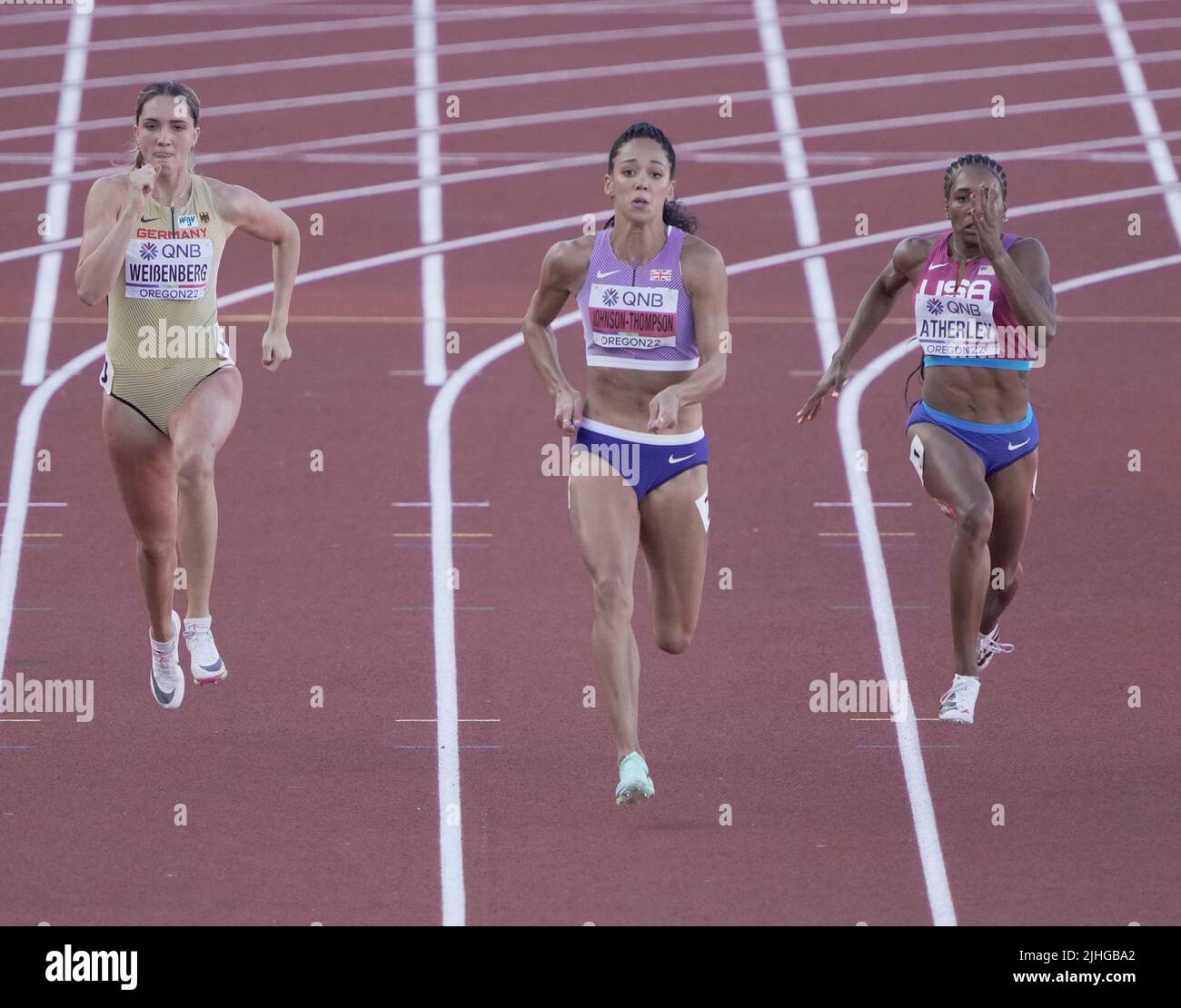 Eugene,,  17 Jul 2022 Sophie Weibenberg (GER) Katerina Johnson-Thompson (GBR) (C) Michelle Atherley (USA) Seen in action during the World Athletics Championships at Hayward Field Eugene USA on July 17 2022 Alamy Live News Stock Photo
