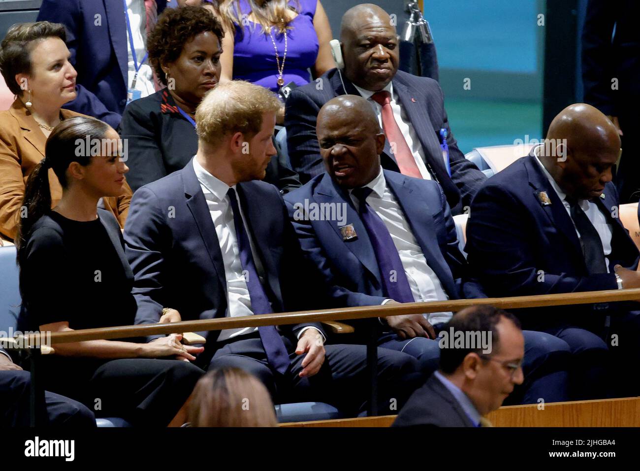 South African Minister in the Presidency Mondli Gungubele speaks to Britain's Prince Harry as he and and his wife Meghan, Duchess of Sussex, attend the United Nations General Assembly celebration of Nelson Mandela International Day at the United Nations Headquarters in New York, U.S., July 18, 2022. REUTERS/Eduardo Munoz Stock Photo