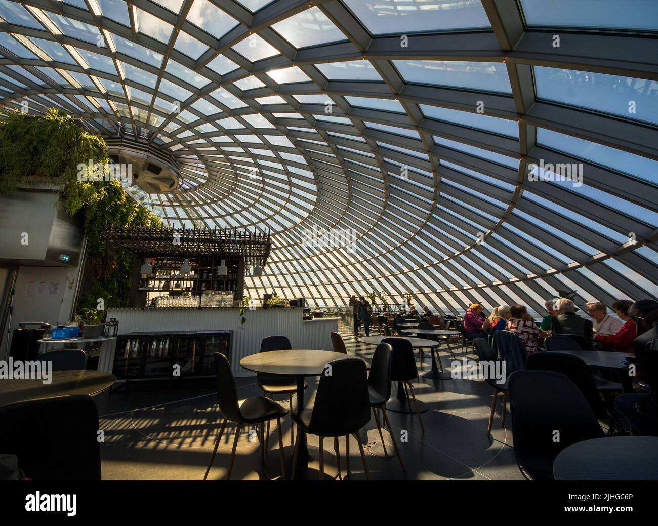 Reykjavik, Iceland - July 4, 2022 Interior landscape view of the restaurant and glass dome of Reykjavik's iconic landmark; the Perlan. Located on the Stock Photo