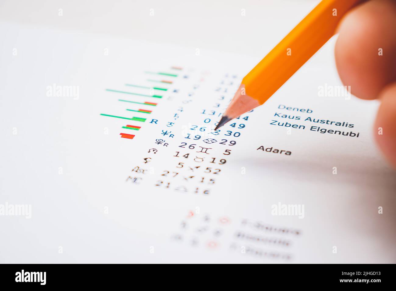 Modern astrologer's desktop. Hand with a pencil. Astrological charts and tables with the coordinates of the planets, astrological symbols close-up. Stock Photo