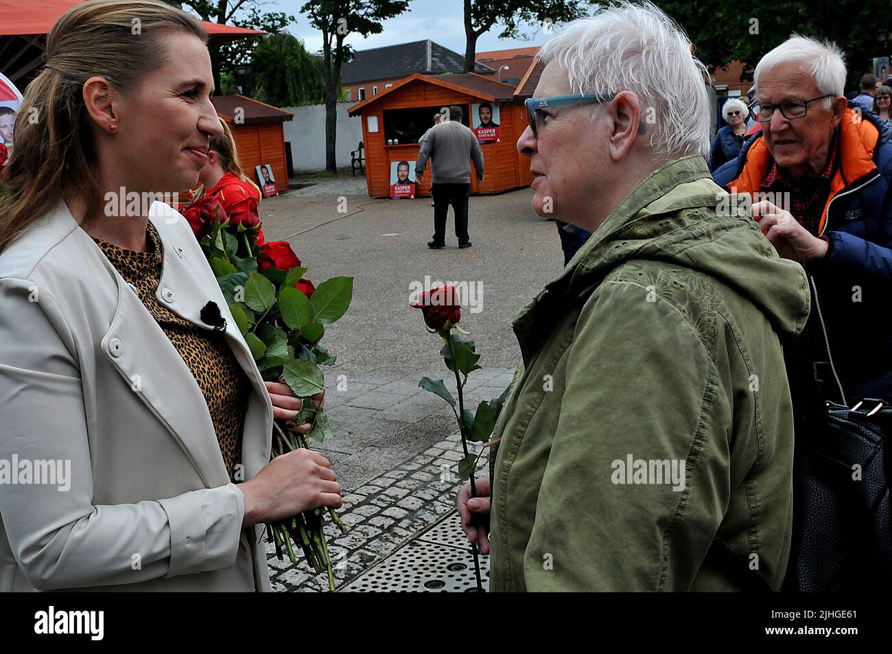 Ballerup/Copenhagen /Denmark./ 01.June  2019/ Ms.mette Frederiksen leader of danish social democrat party and candidate for Prime minister post on elections compaign tour  and distribute red roses  to voter and and meets adn greets voters in Ballerup Denmark. . (Photo..Francis Dean / Deanpictures. Stock Photo