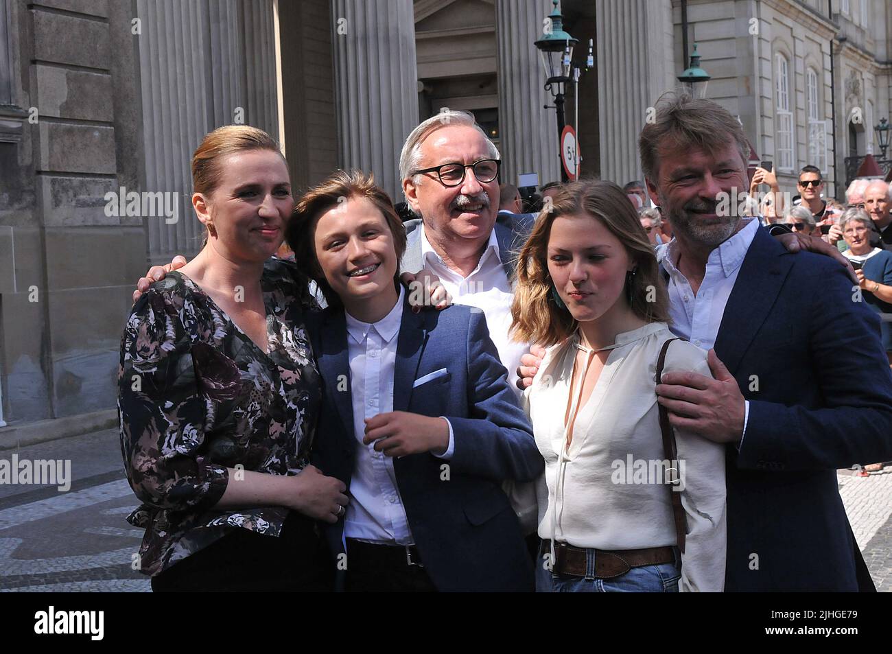 Copenhagen /Denmark./ 27June 2019/ Denmark's new prime miniter Ms.mette Frederiksen greets her father and two children and her boy friend Bo tengberg after ptresenting her minister team to queen margrethe II of denamrk and pres media at infront the Amalienborg Palace in danish capital Copenhagen, she is 2nd ocial democrat prime minister and she is 2nd.female social democrate denmark prime minister, she with her family .. (Photo..Francis Dean / Deanpictures. Stock Photo