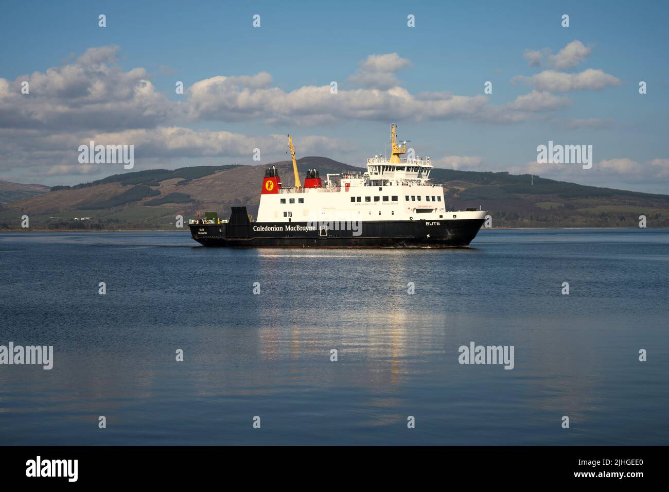 Cal Mac ferry MV Bute approaching Rothesay harbour on the Ise Of Bute with a sailing from Wemys Bay. Stock Photo