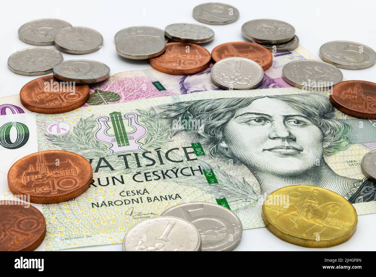 The Czech crown is the official currency of the Czech Republic. At present, coins and banknotes can be used in the denomination of whole crowns. - Stock Image