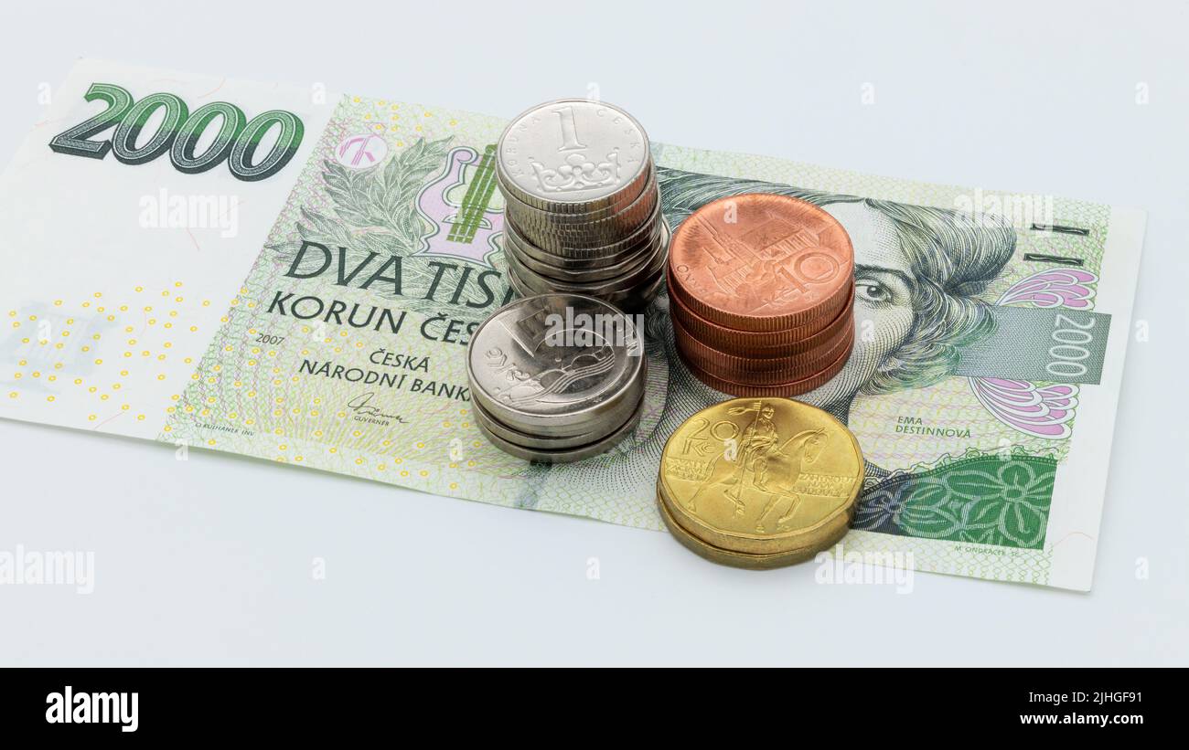 The Czech crown is the official currency of the Czech Republic. At present, coins and banknotes can be used in the denomination of whole crowns. - Stock Image